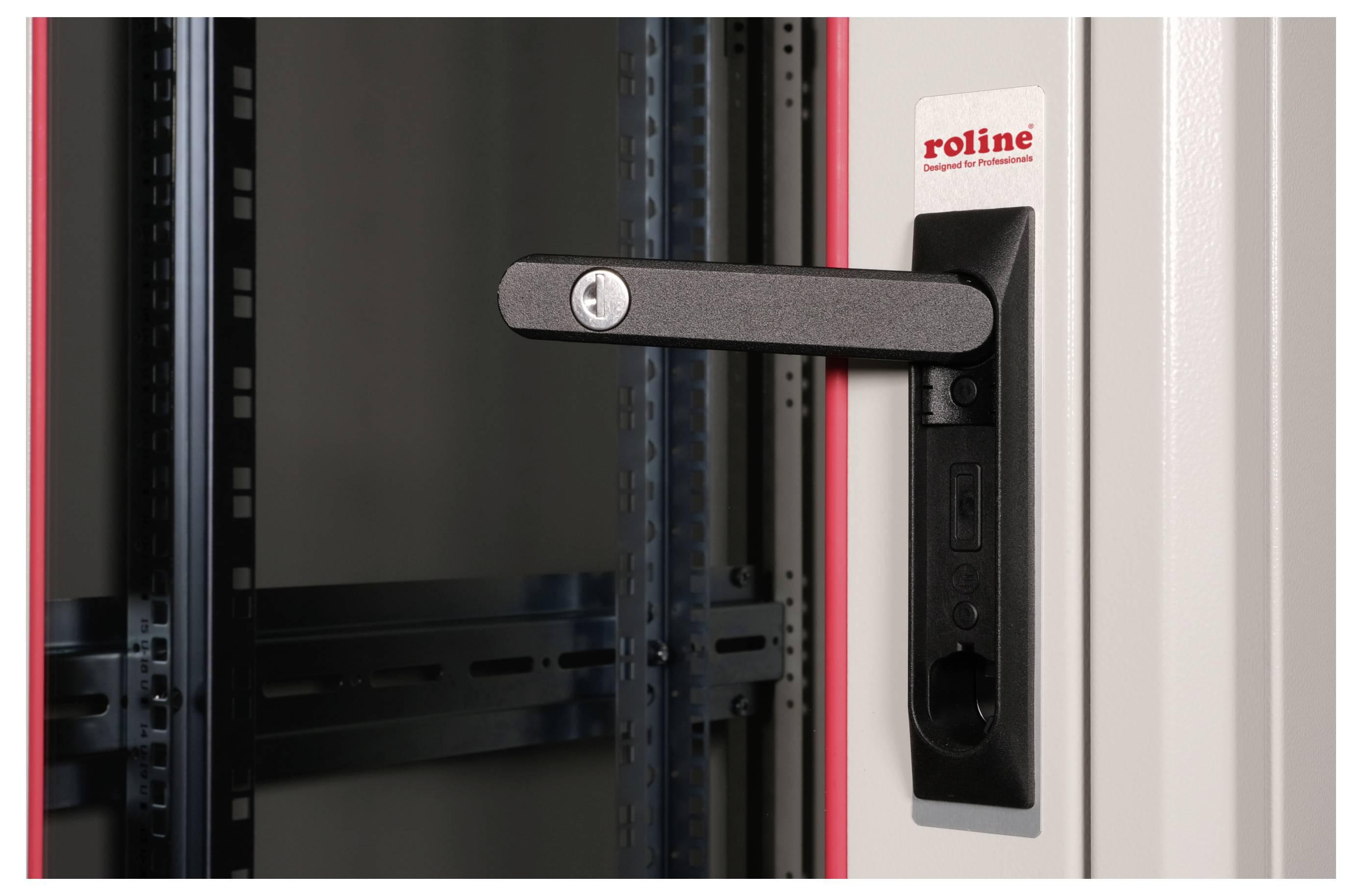 Een zwarte hendel met slot op de deur van een rack van 'roline', herkenbaar aan de aanduiding rechtsboven. Op de achtergrond zijn bevestigingsbeugels zichtbaar.