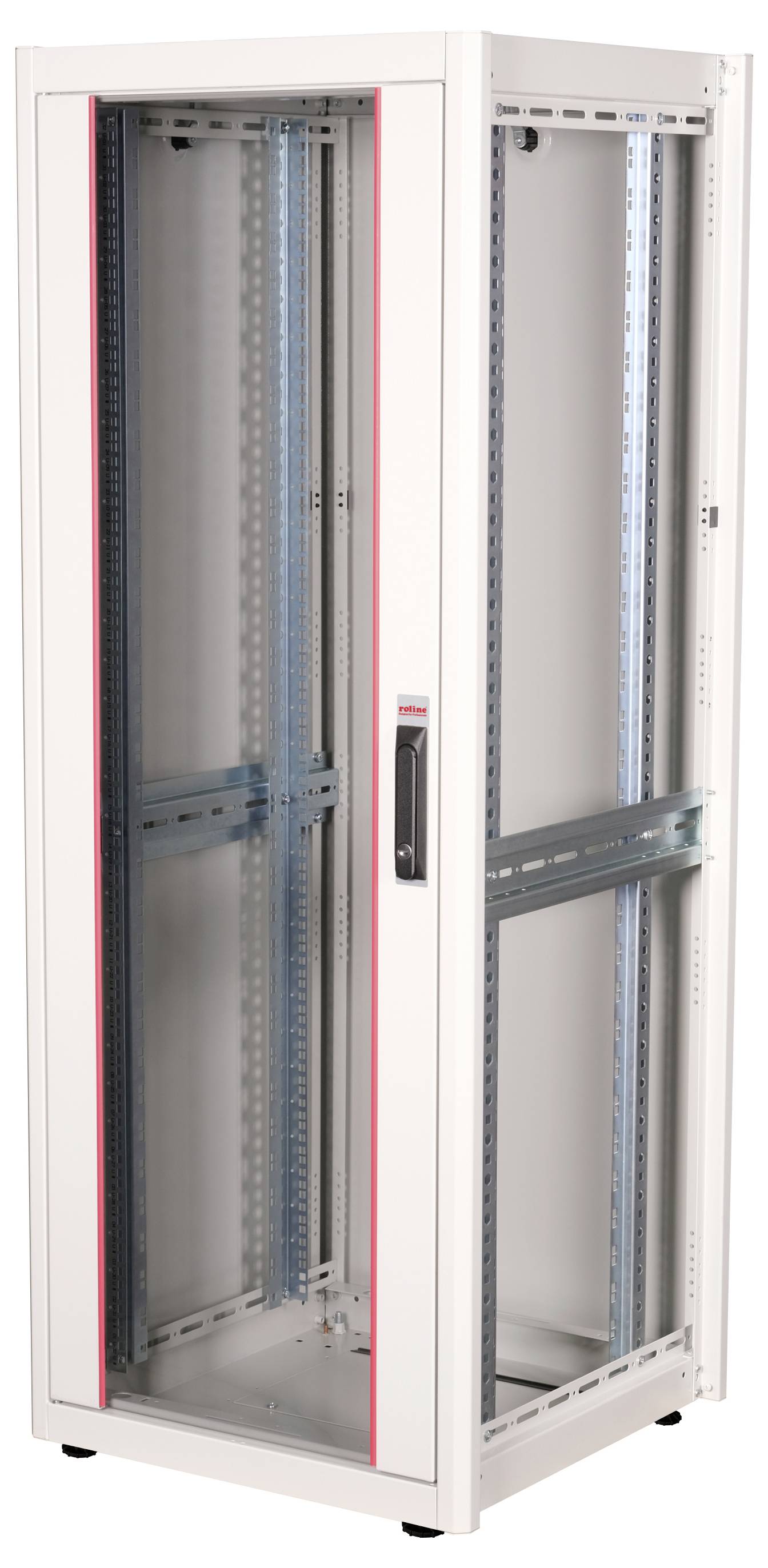 Een metalen server-rack-kast met glazen deur, geschikt voor het opbergen van IT-apparatuur in datacenters of serverruimtes.