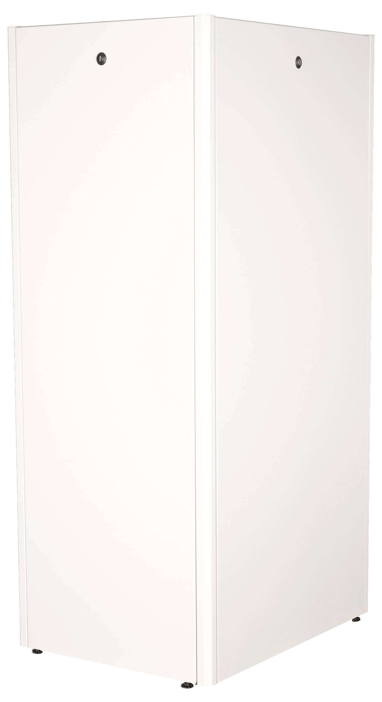 Een grote, witte, rechthoekige kast met gladde oppervlakken staat verticaal.