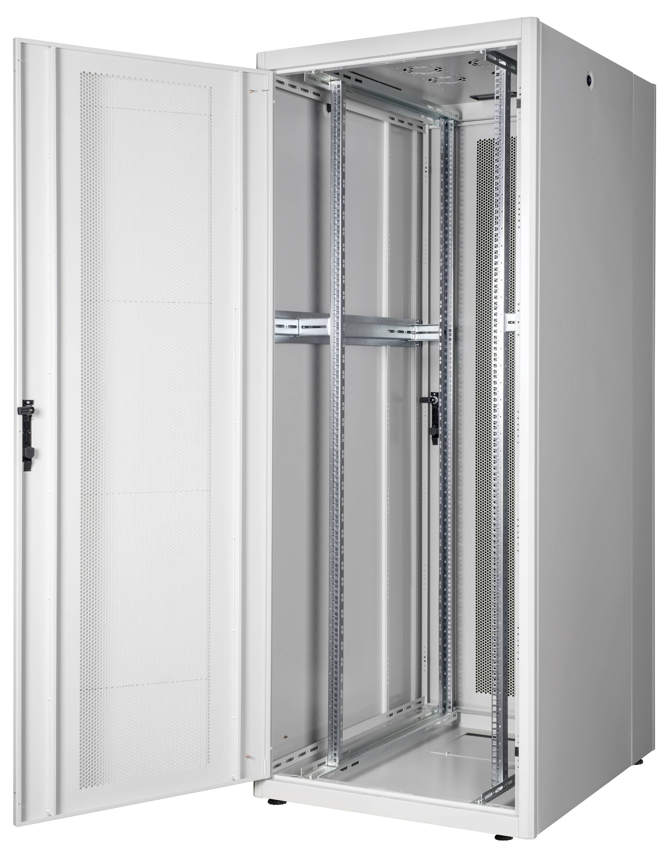 Witte, open server- of netwerkrek met uitstekende rekrails, geschikt voor de installatie van IT-apparatuur.
