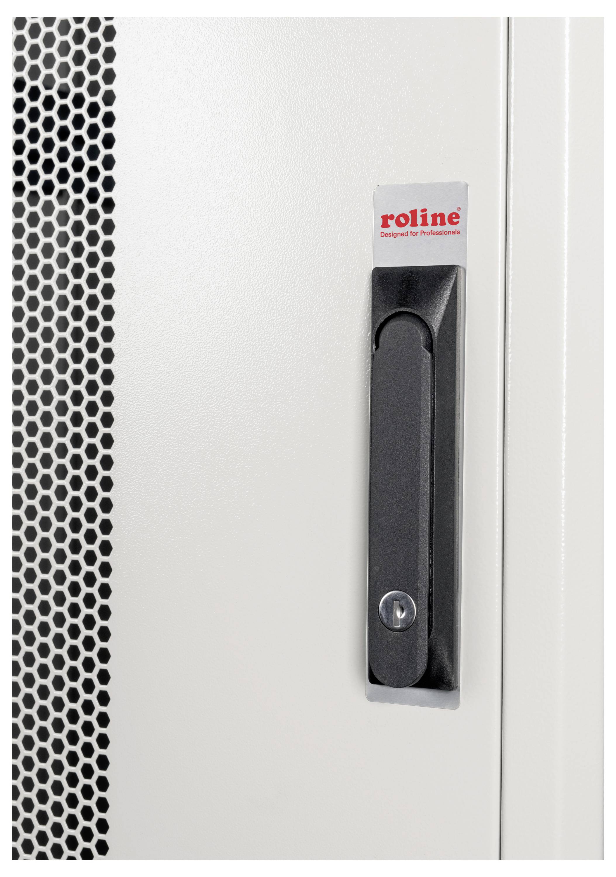 Een serverkastslot met een rood 'roline'-logo op een grijze achtergrond. Het slot heeft een zwarte greep en een metalen sleutelgat.