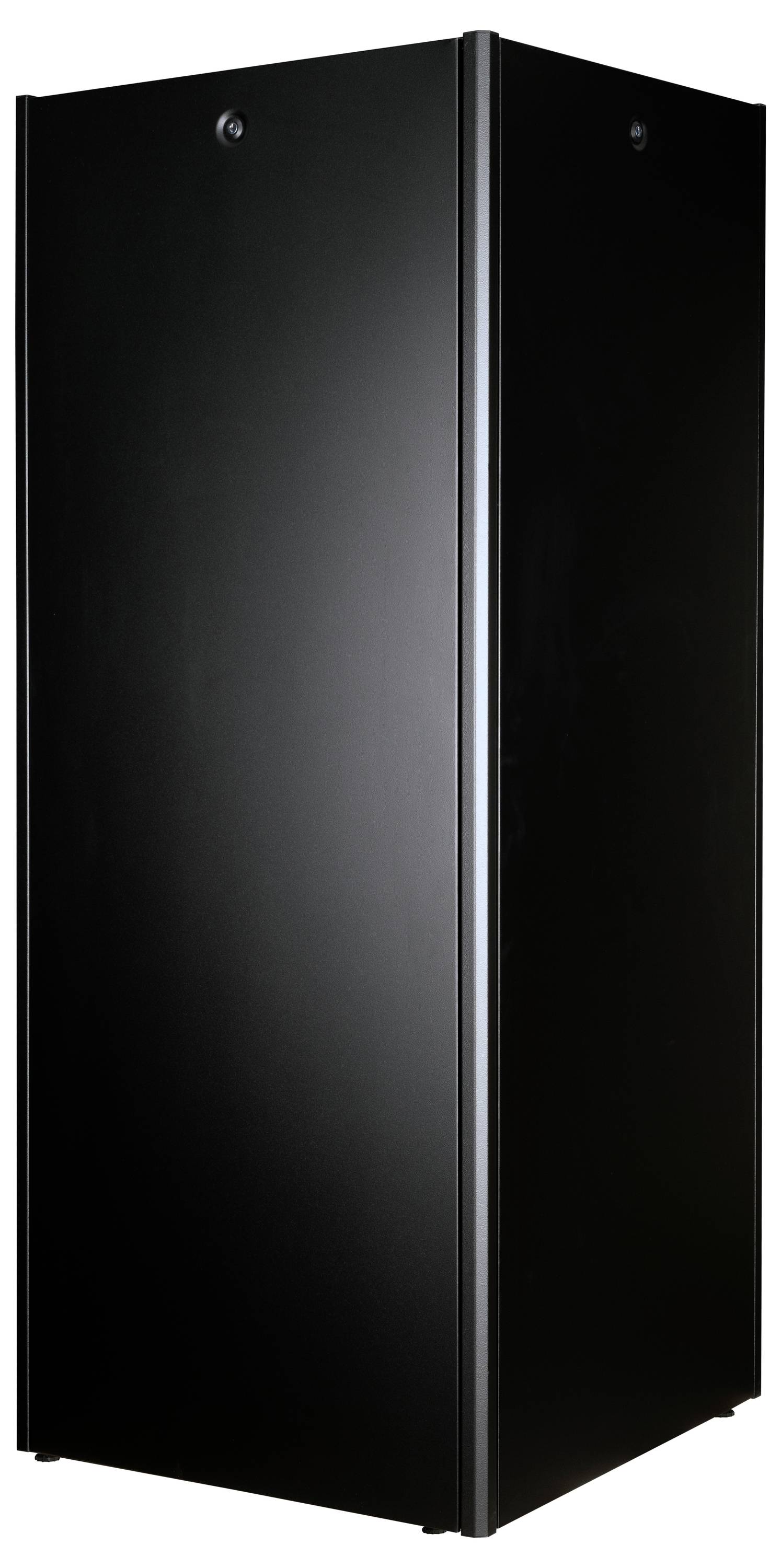 Zwarte, eenvoudige serverrek met gesloten behuizing, geschikt voor opslag en koeling van IT-apparatuur.