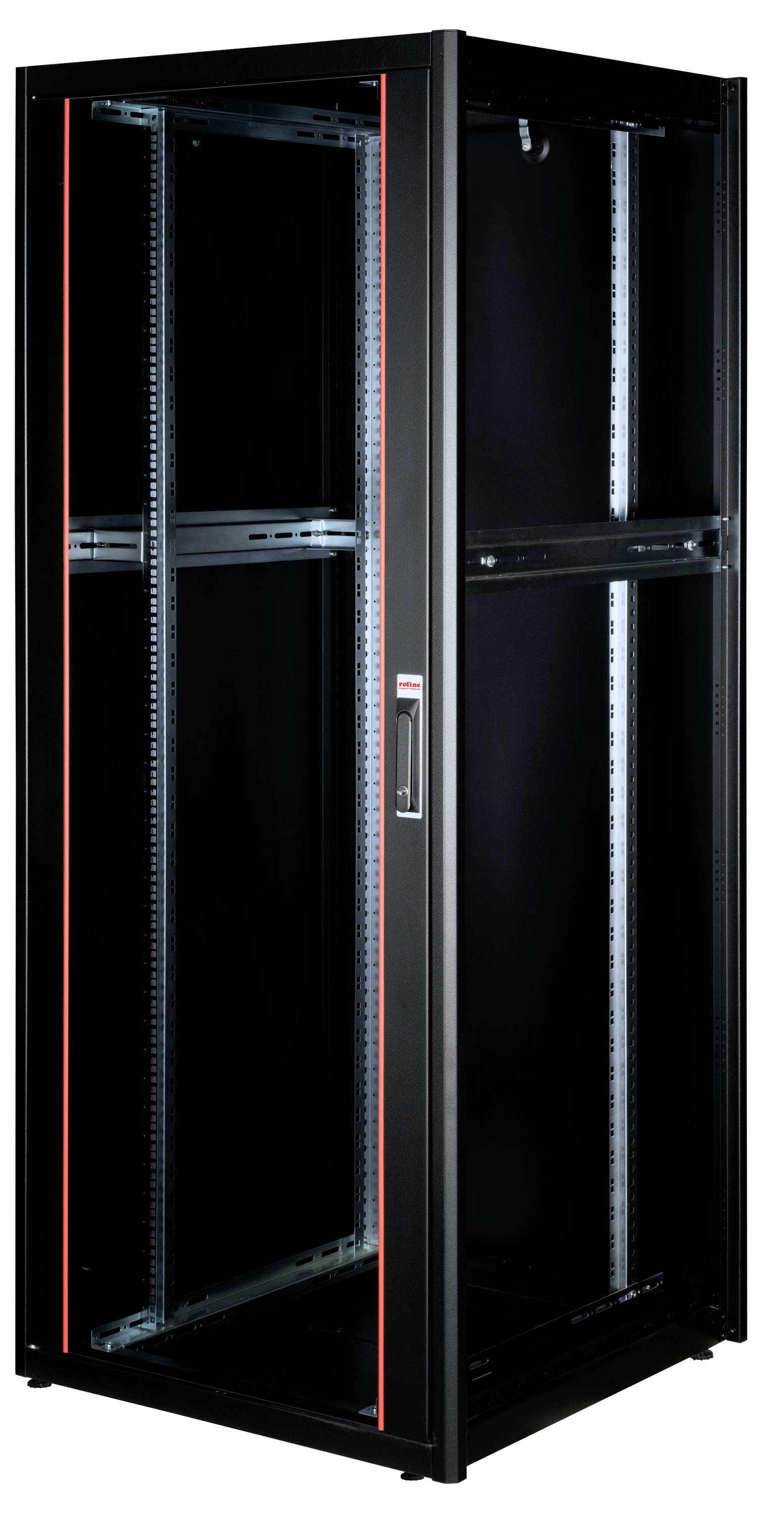 Zwart metalen serverrack-behuizing met glazen deur, geschikt voor IT-netwerk- en serverinstallaties in datacenters.