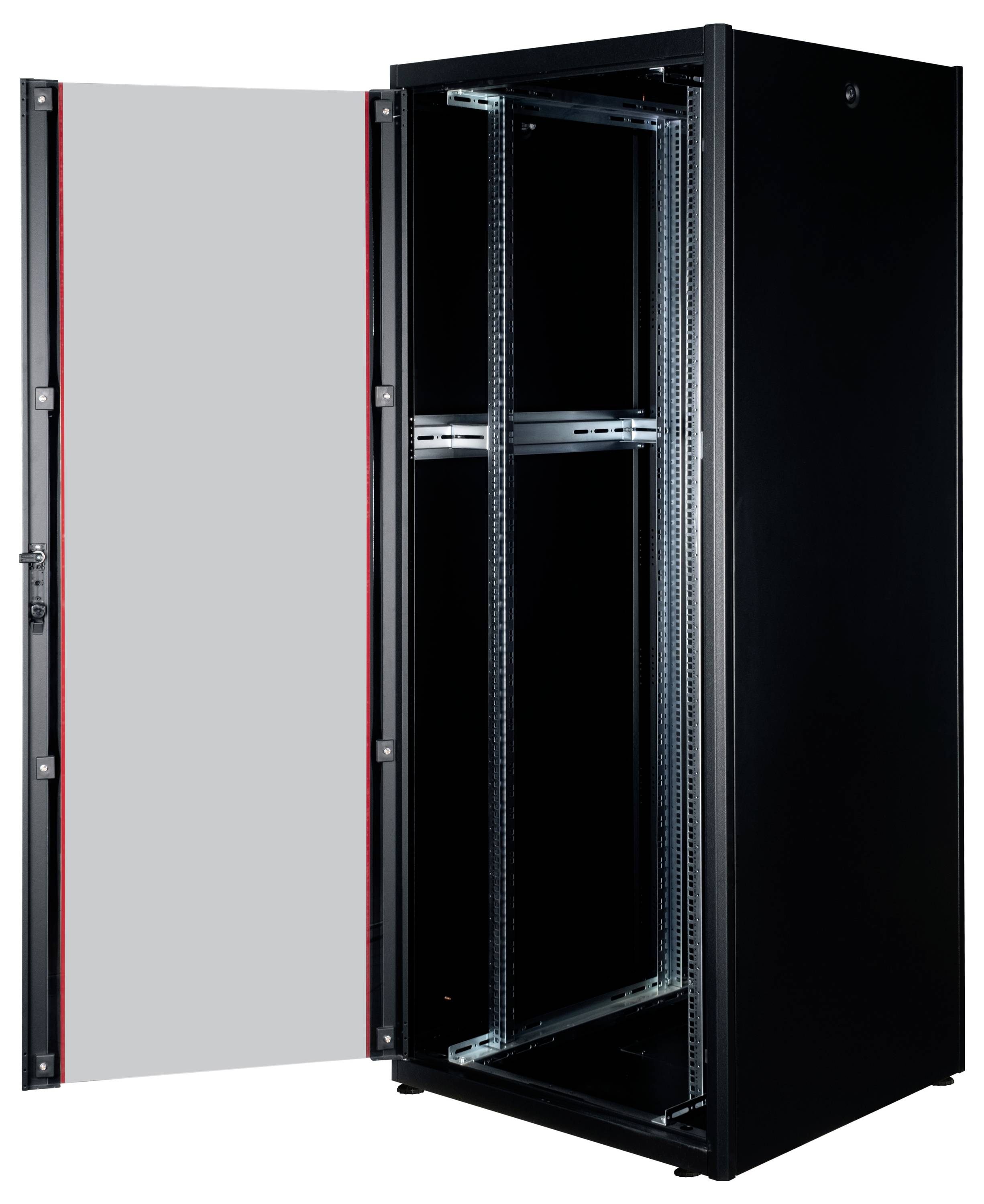 Zwarte serverrack-kast met open deur. Aan de binnenkant zijn metalen frames zichtbaar voor het monteren van apparatuur.