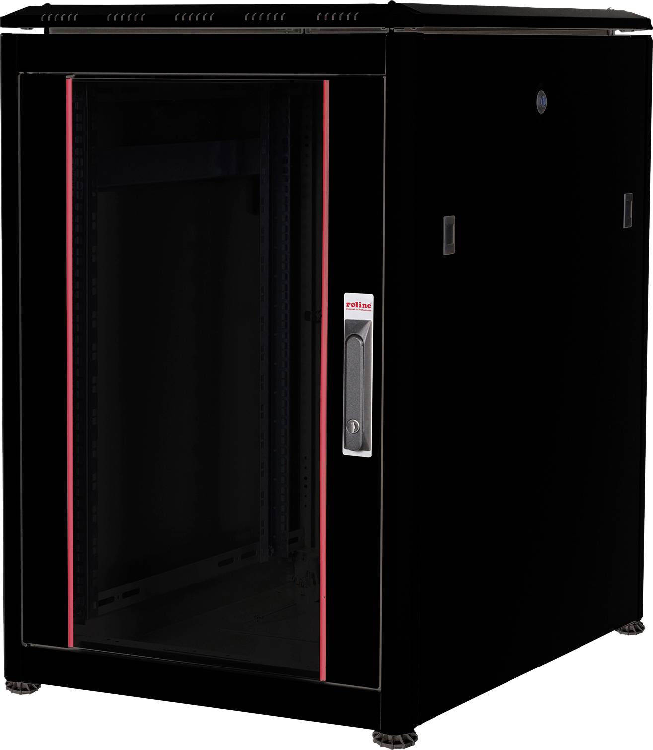 Zwarte serverbehuizing met glazen deur en rode accenten, geschikt voor opslag en organisatie van IT-apparatuur in datacenters.