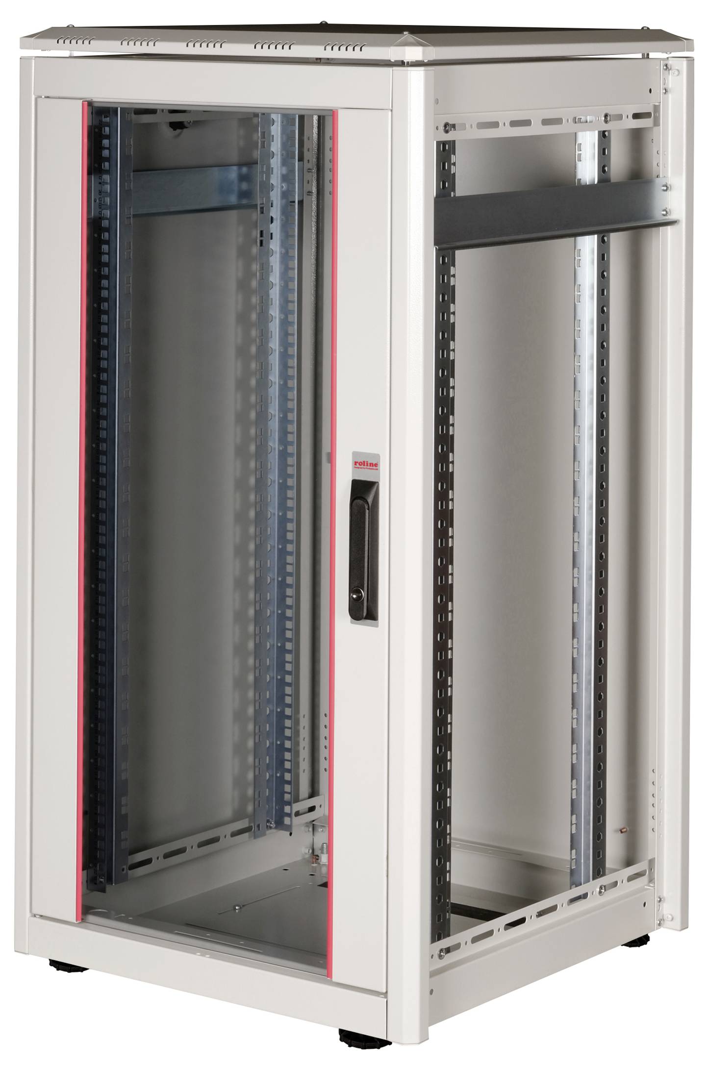 Een leeg, grijs serverrack-behuizing met glazen deur, open interieur en zwarte handgreep, geschikt voor de installatie van netwerkhardware.