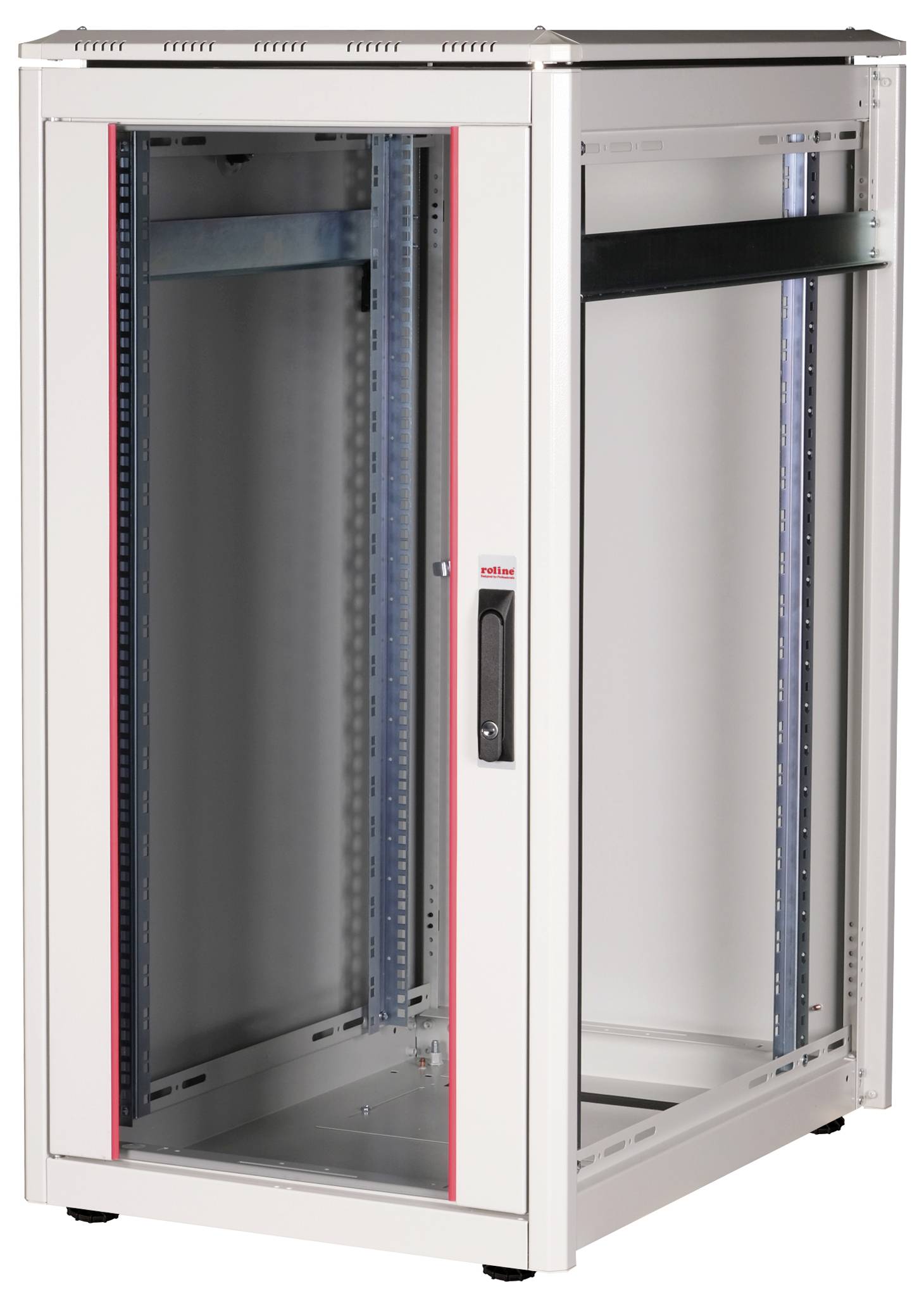 Een leeg serverrek met glazen deur, zilveren frame en rode accenten, geschikt voor het huisvesten van IT-apparatuur in een serverruimte.