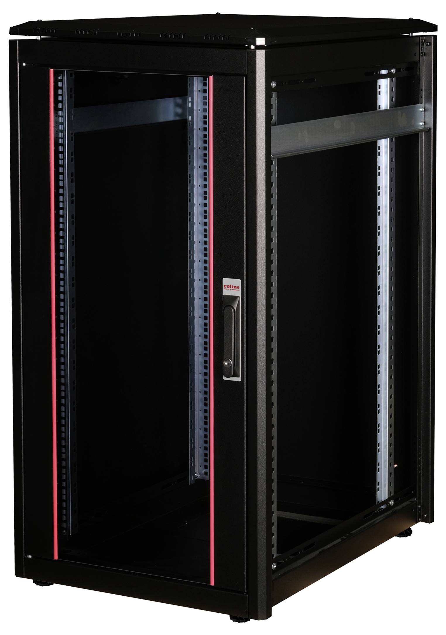 Zwarte serverrack-kast met schuifglas, geschikt voor opslag van IT- en netwerkapparatuur in datacenters.