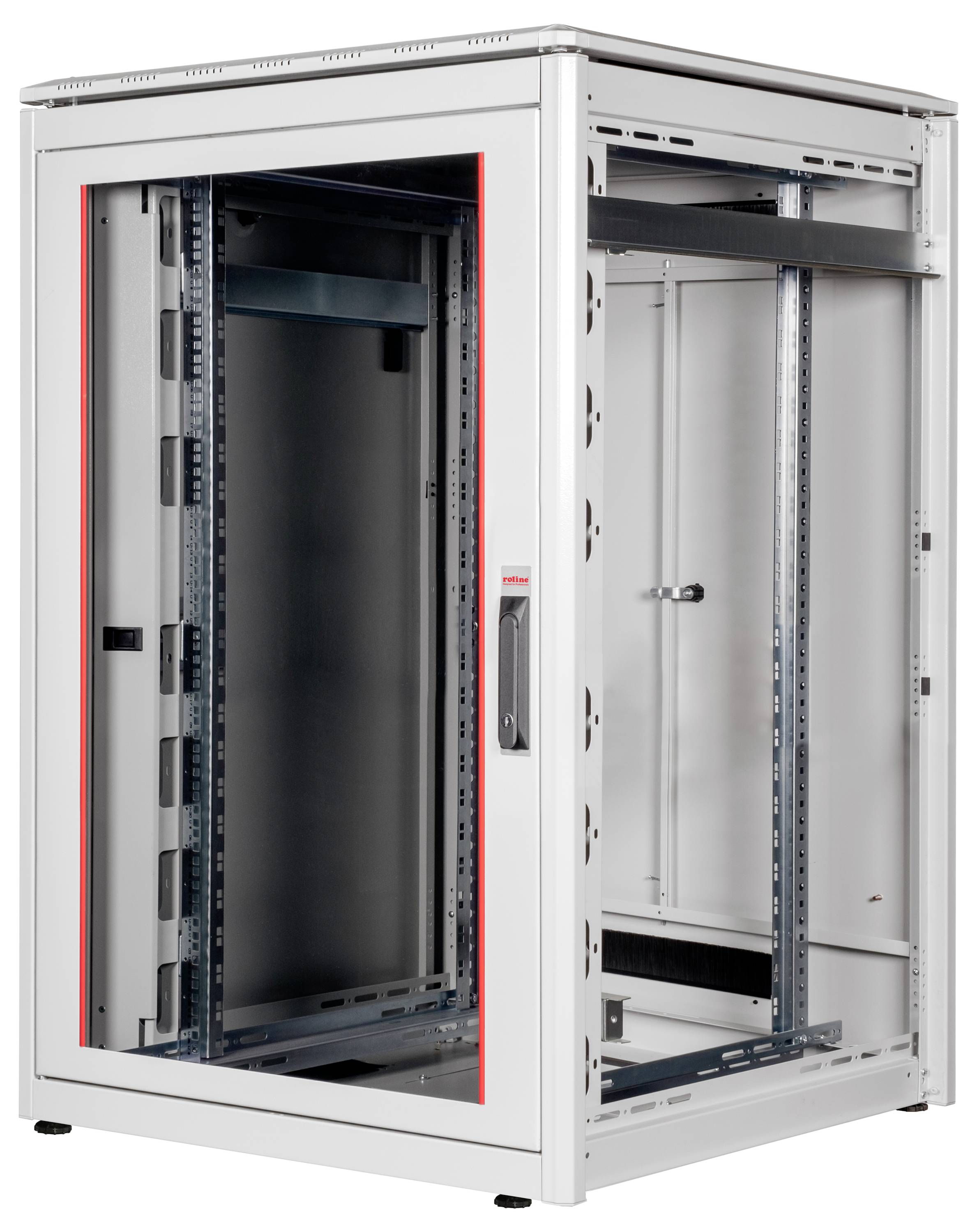 Een leeg, wit serverrackbehuizing met glazen deur en metalen frame. Geschikt voor IT-hardware en netwerkapparatuur.