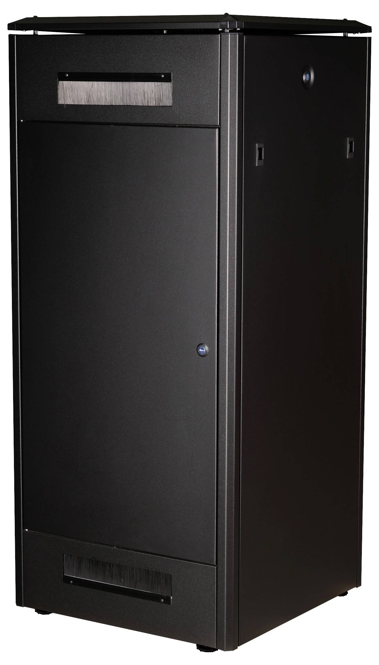 Een grote zwarte metalen kast met een deur aan de voorkant, vaak gebruikt voor de opslag van technische apparatuur of elektronica.