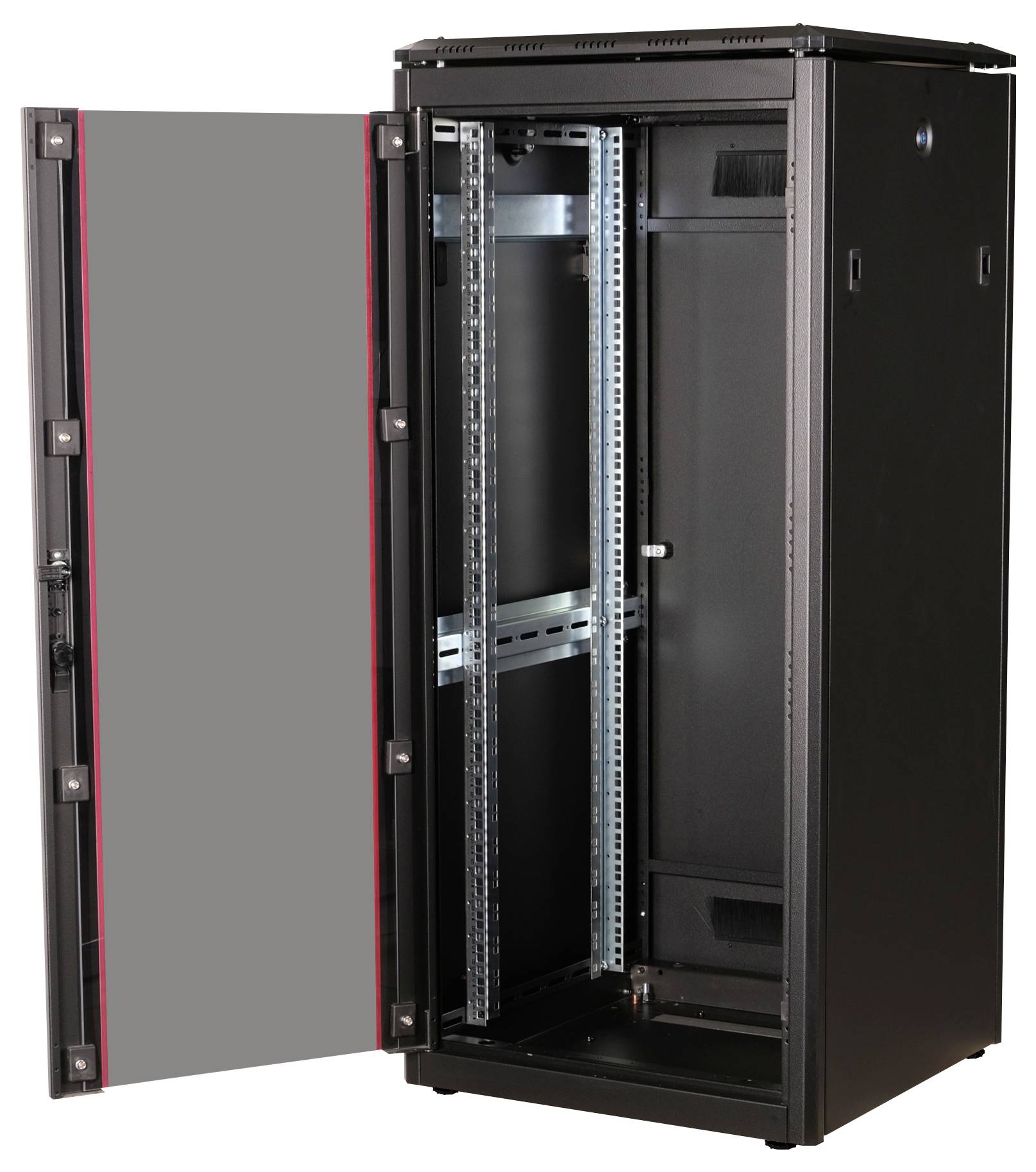 Een open IT-serverrek met een metalen frame, zonder geïnstalleerde componenten. De deur staat aan de zijkant open.
