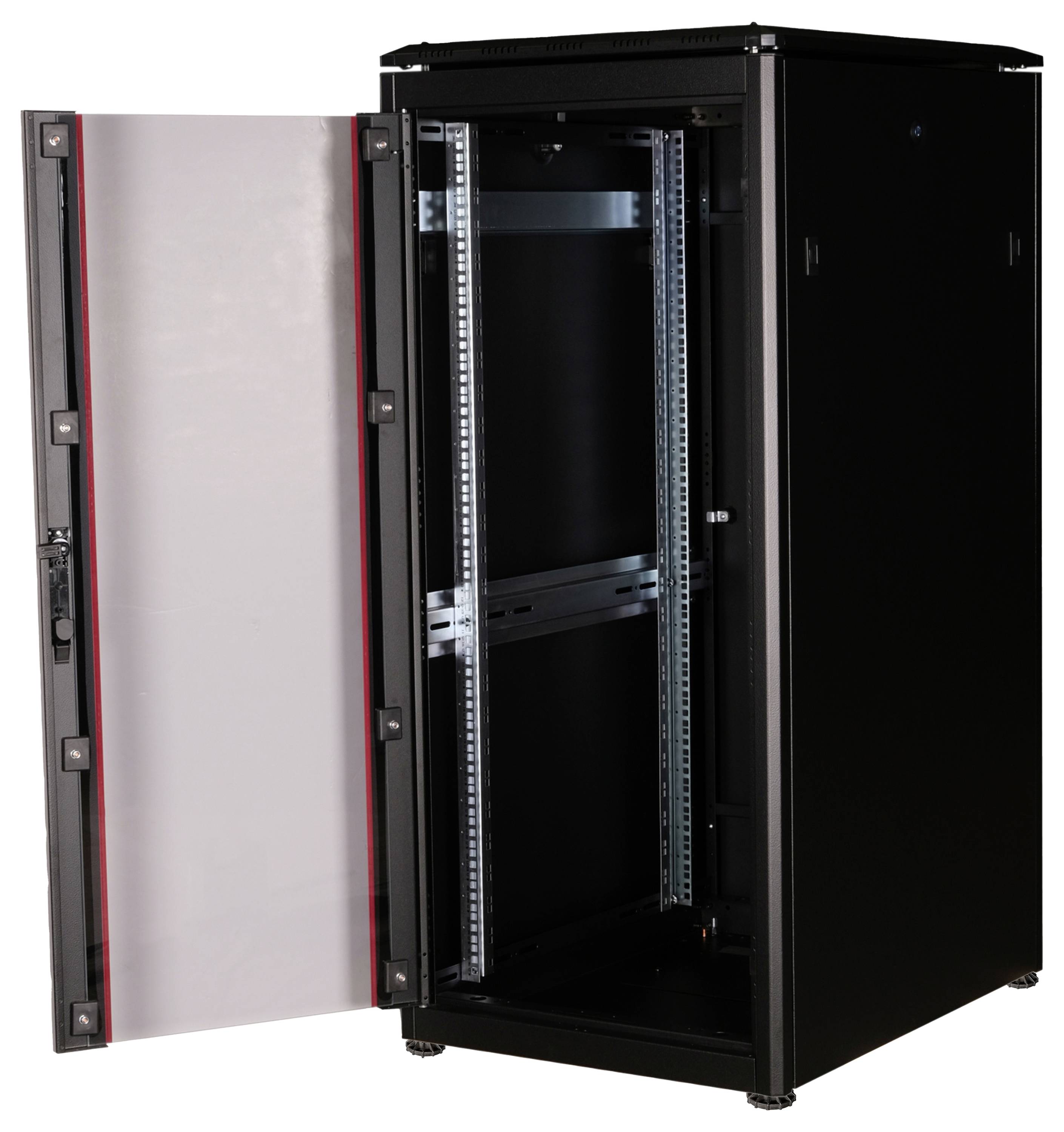 Een open, lege serverkast met een transparante deur die half open staat. Zichtbaar zijn rails voor het monteren van apparatuur.