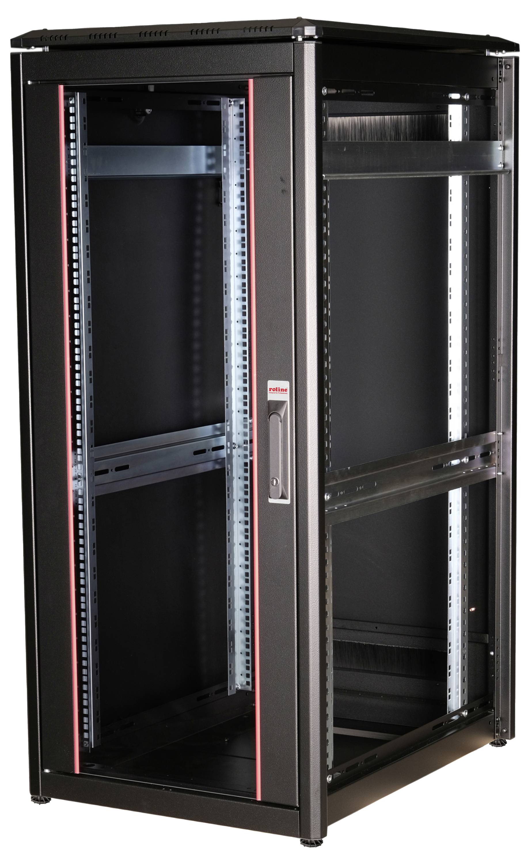 Een zwarte serverrack met glazen deur en metalen frame, mogelijke behuizing voor IT- of netwerkapparatuur.