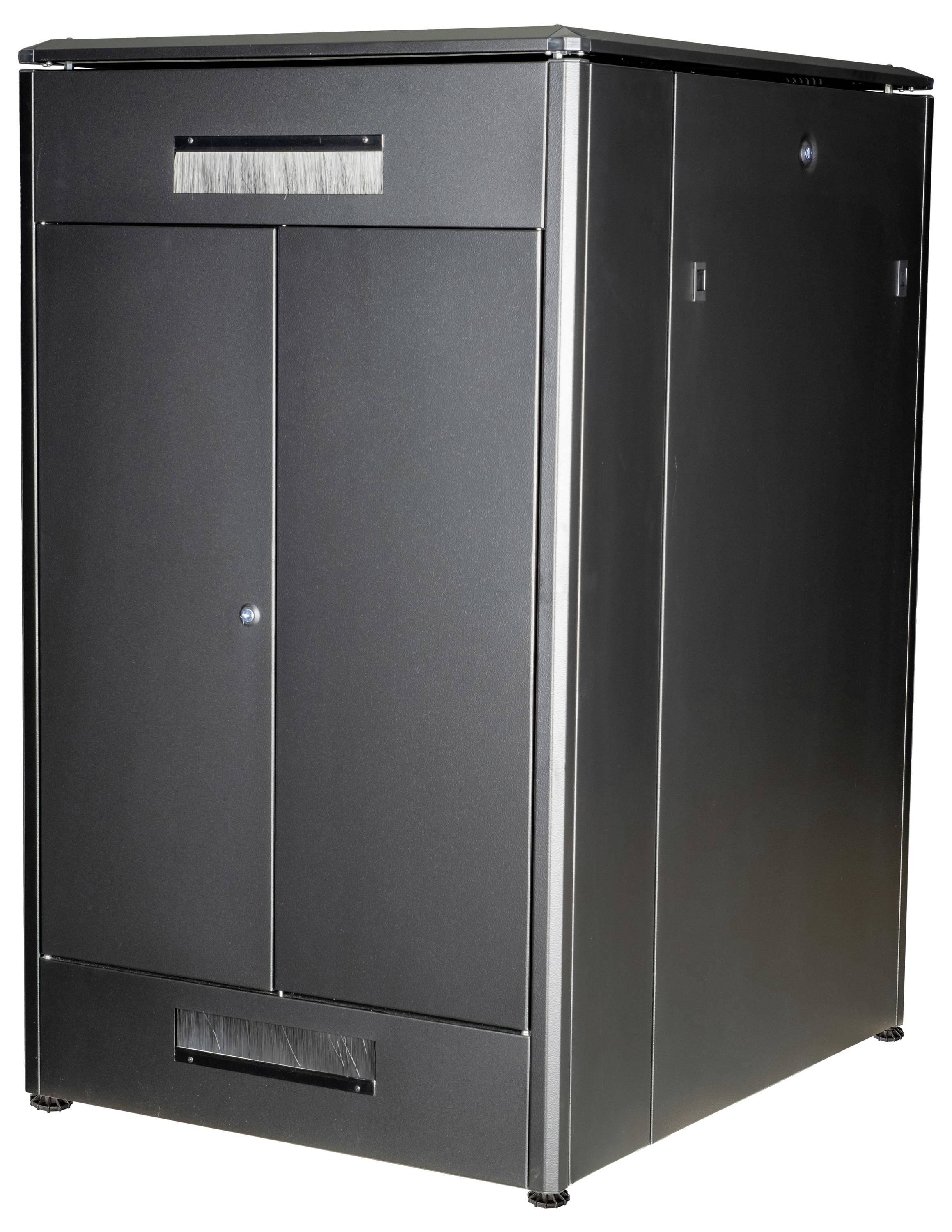 Een zwarte, rechthoekige metalen kast met twee afsluitbare deuren en een gladde oppervlakte. De kast staat op kleine pootjes.