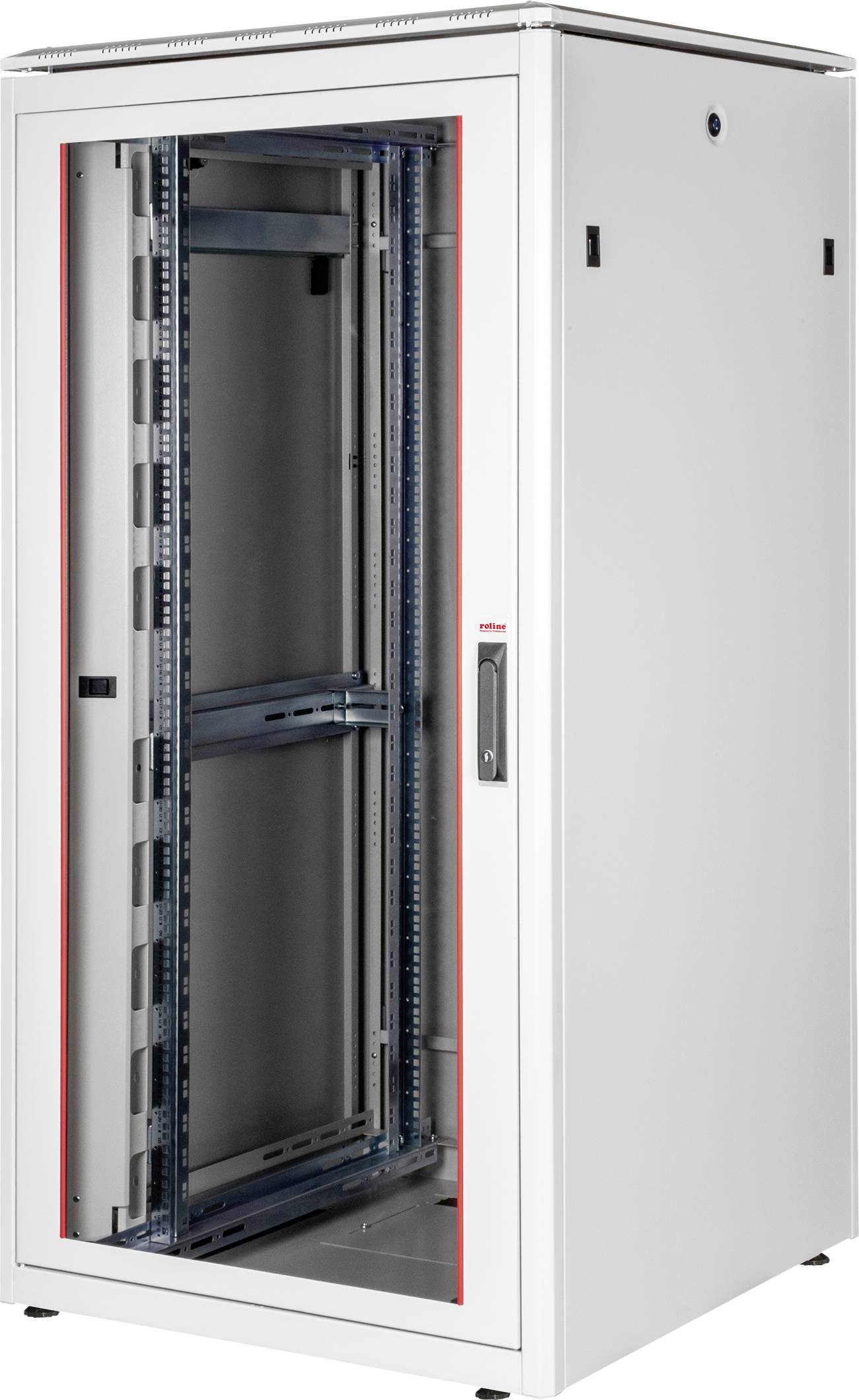 Witte serverrack-kast met glazen deur, gedeeltelijk geopend. Bevat geen apparatuur. Geschikt voor netwerk- en computerhardware.