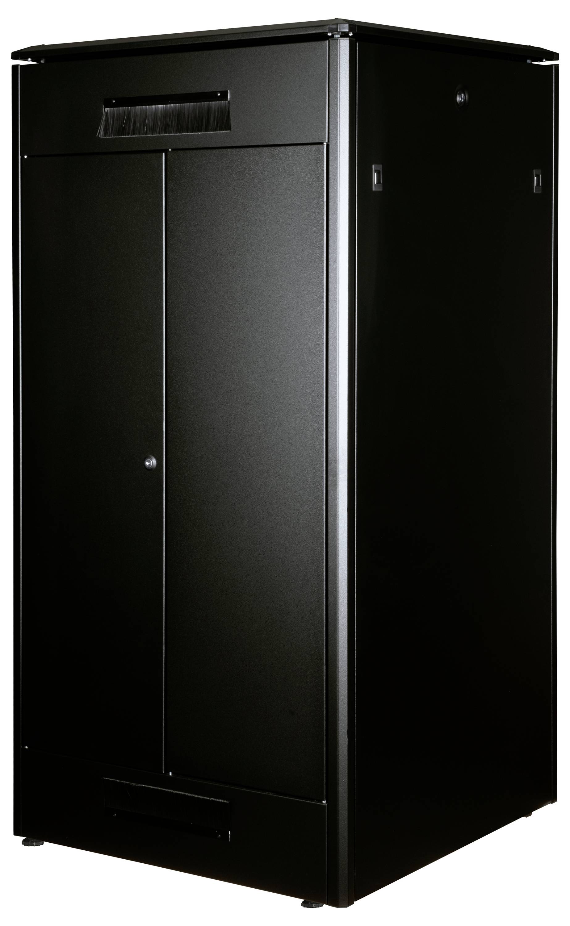 Een zwart, rechthoekig metalen behuizing, vergelijkbaar met een grote kast, met een deur aan de voorkant, waarschijnlijk bedoeld voor servers.