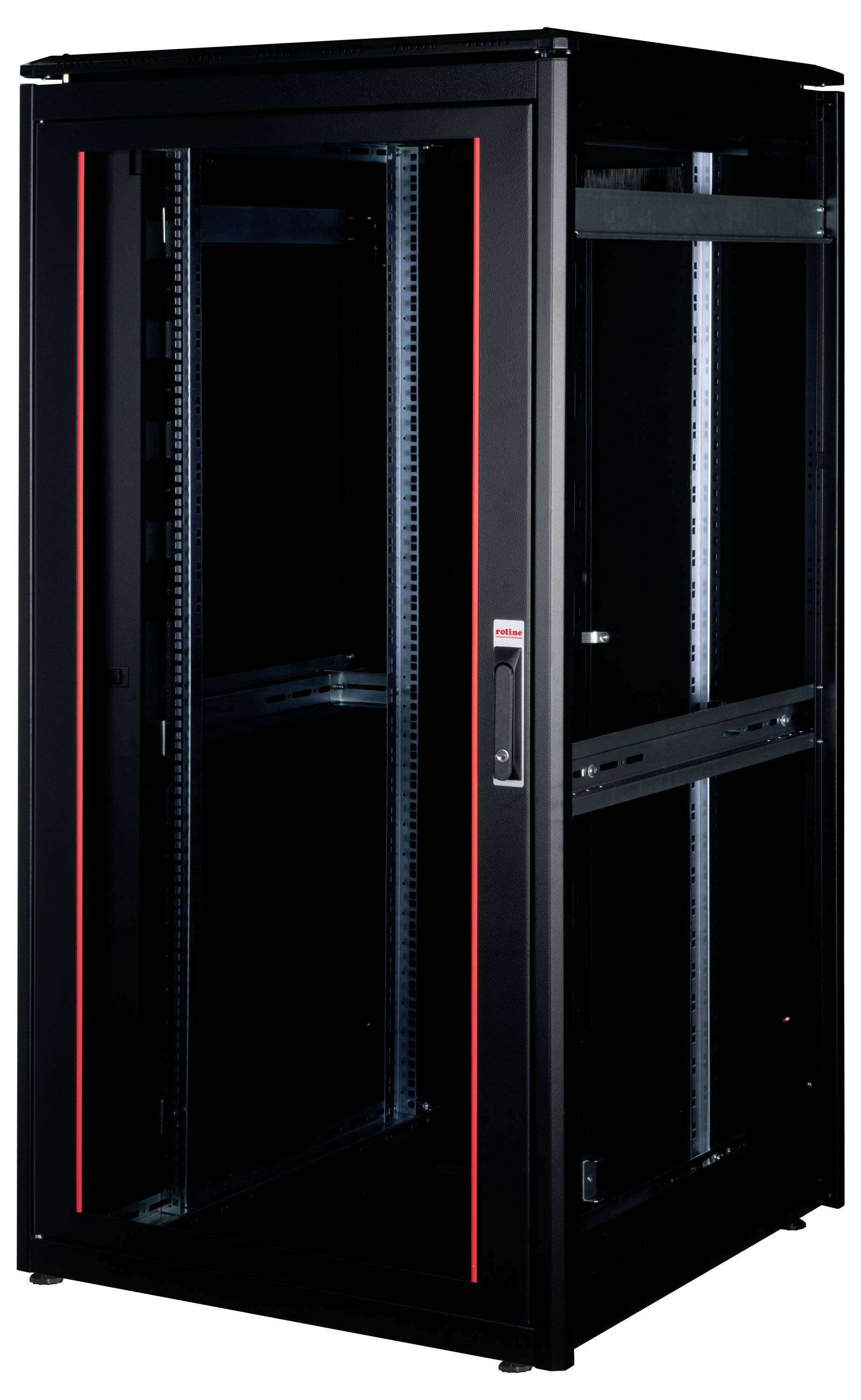 Zwarte serverrack-kast met rode accenten, leeg, geschikt voor het huisvesten van IT-apparatuur voor datacentra of netwerken.