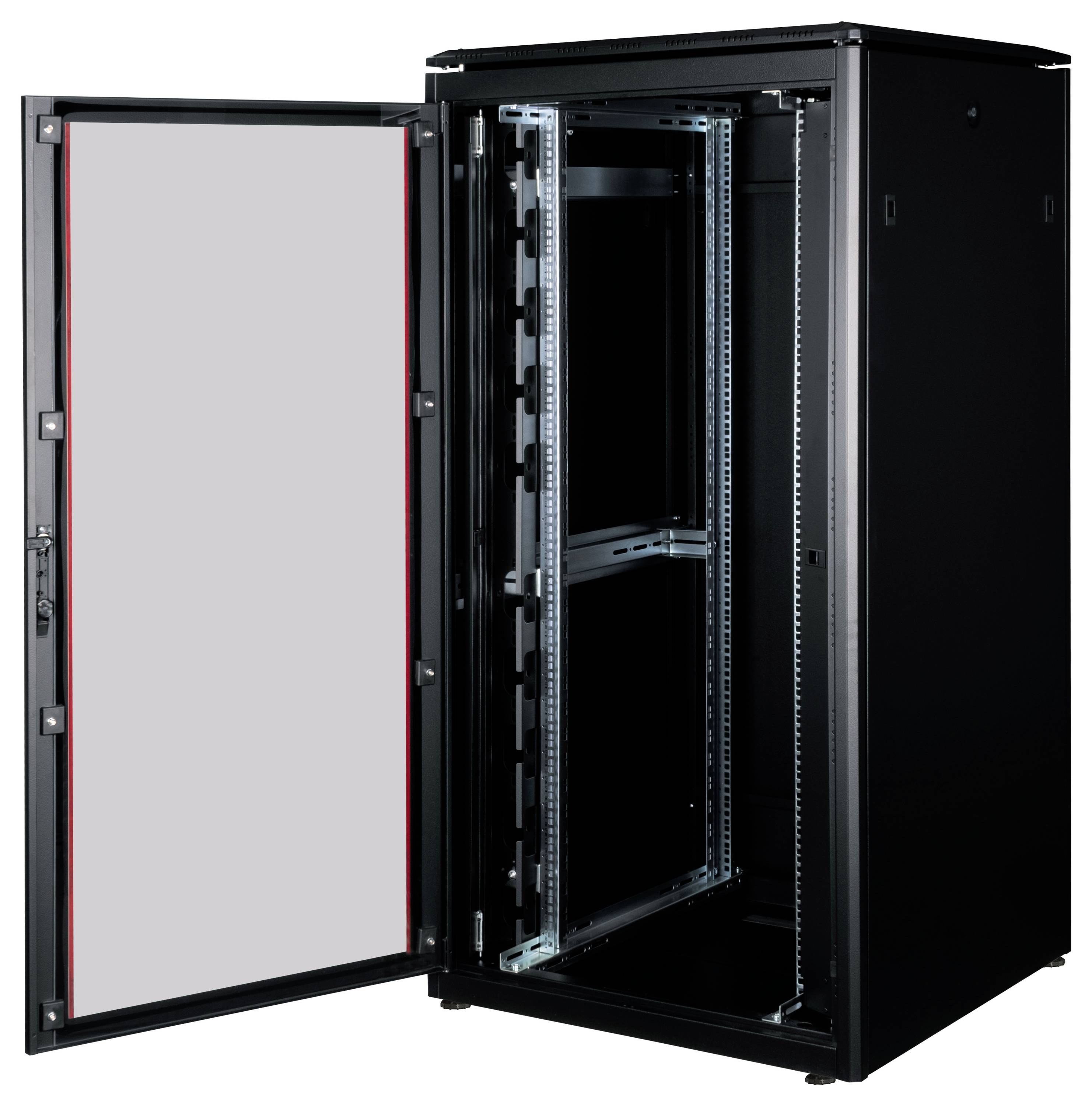 Zwarte serverrack met geopende deur, toont lege railhouders en binnenstructuur voor installatie van IT-apparatuur.