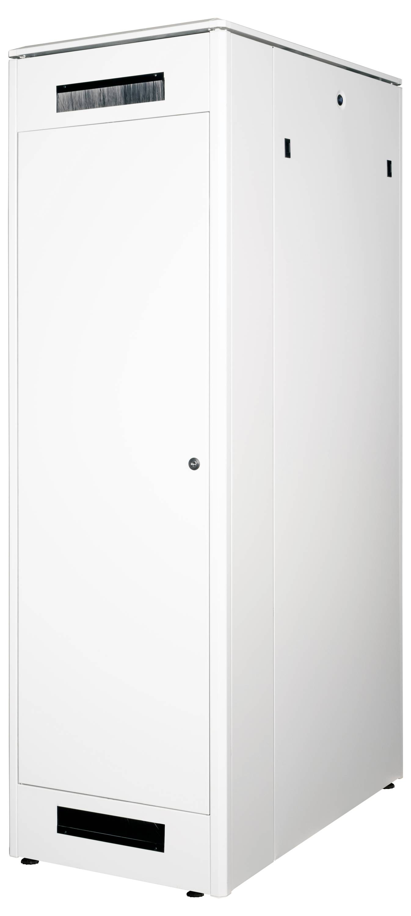 Een witte, gesloten serverrack-kast met ventilatiesleuven bovenaan en onderaan.