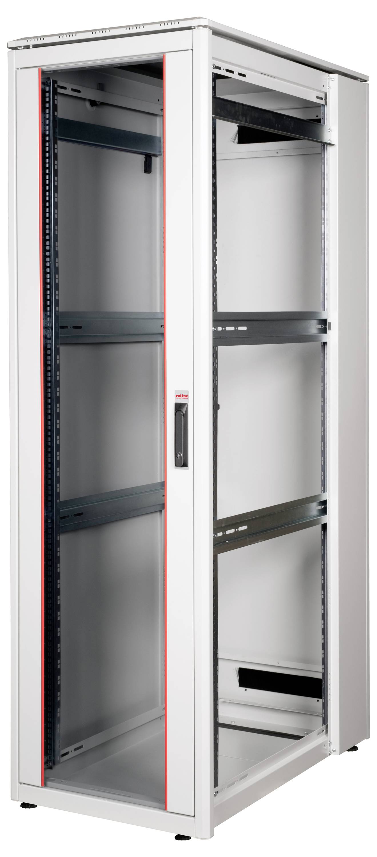 Een witte serverrack kast met glazen deur, zwarte zijwanden en rode accenten. Geschikt voor het opbergen van servers en netwerkapparatuur.