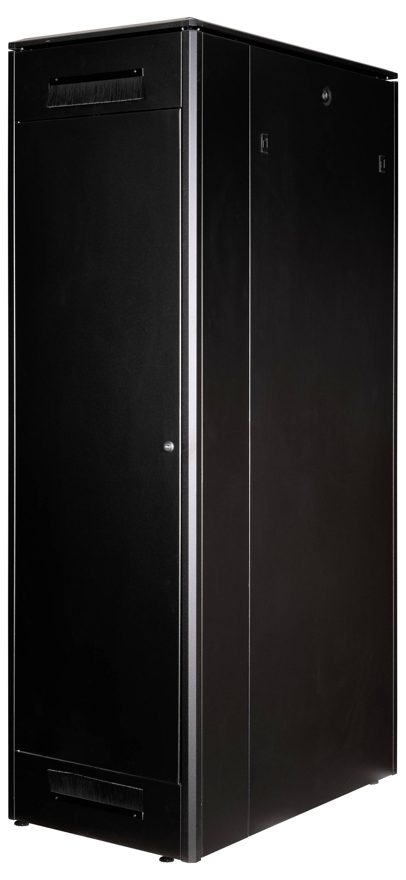 Een zwarte serverbehuizing met een gesloten deurdesign, geschikt voor veilige opslag en koeling van netwerkapparatuur.