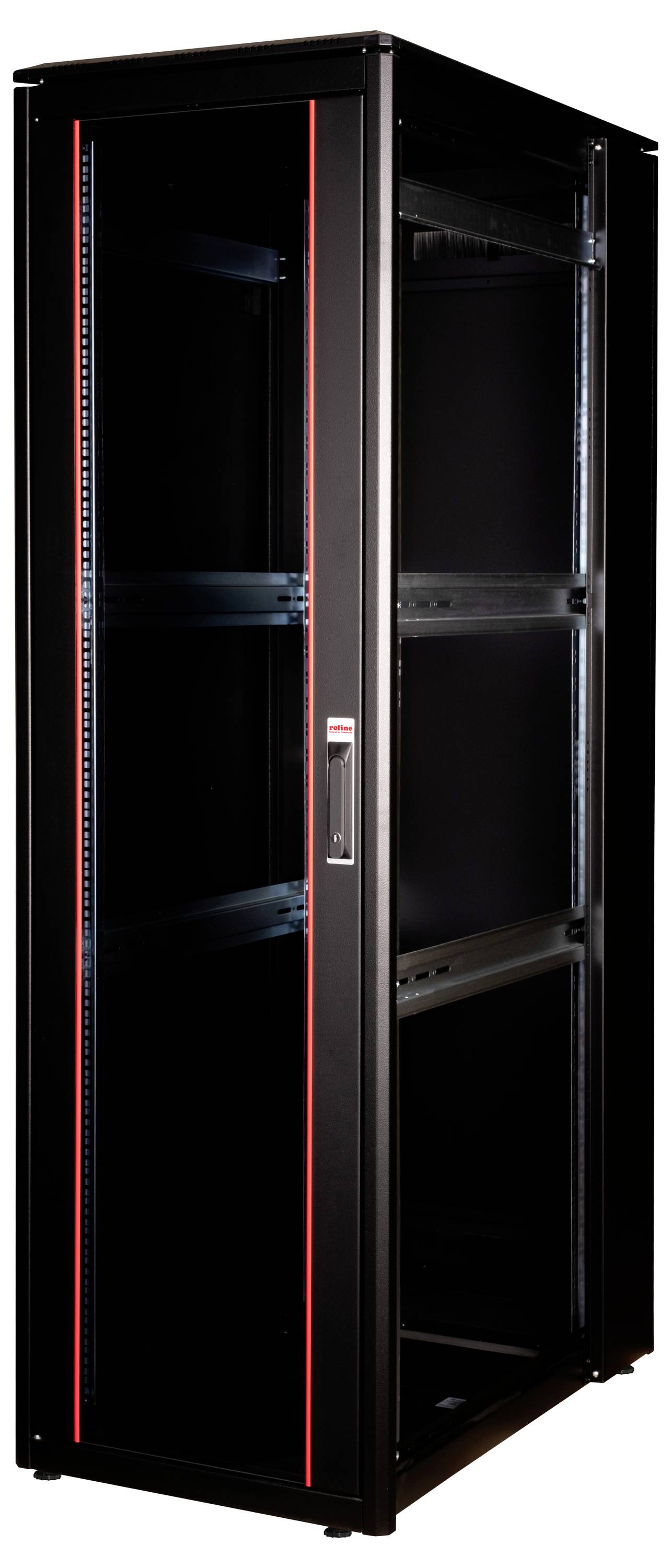 Een zwarte serverrack-kast met glazen deur, rode verticale streep en meerdere interne schappen.
