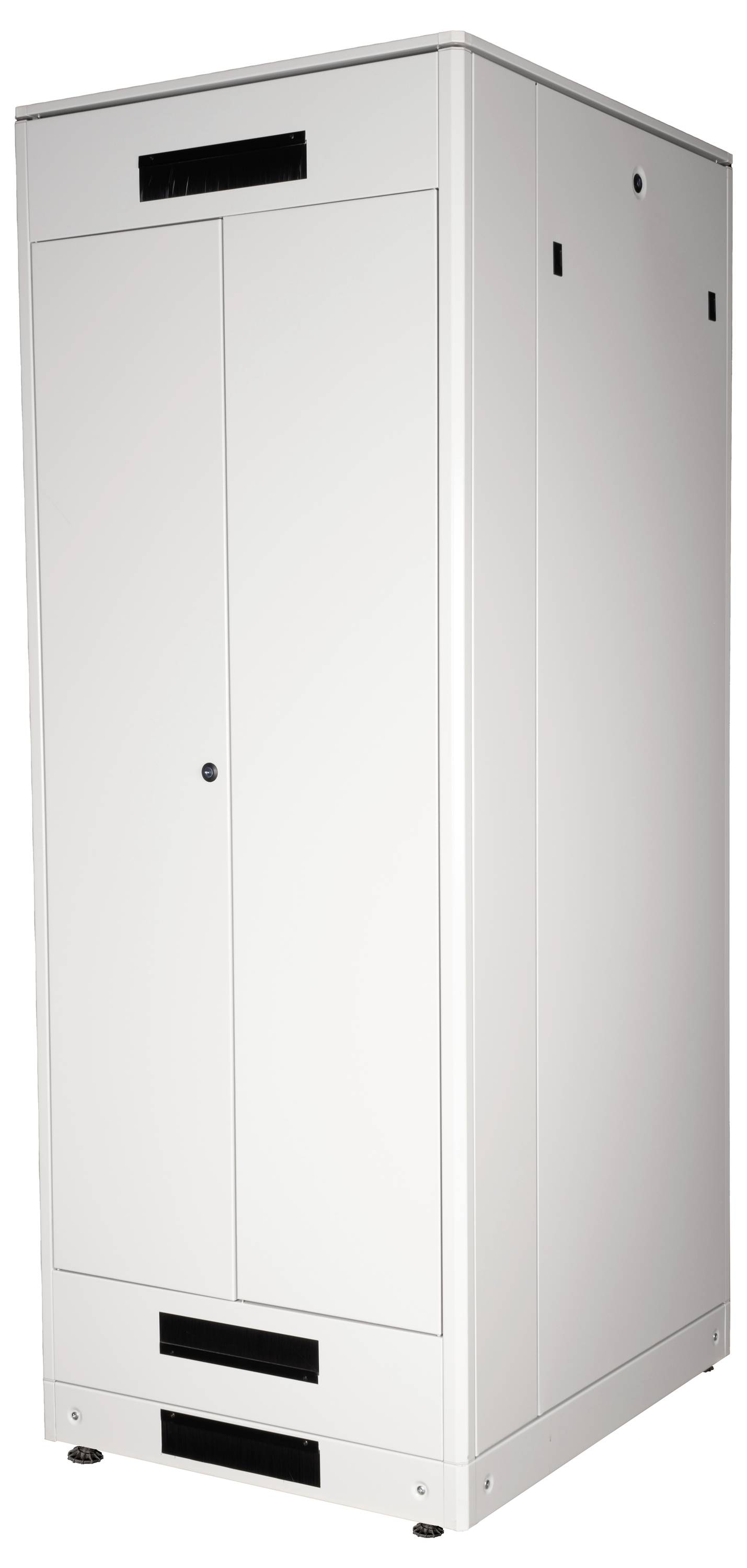 Witte, rechthoekige serverrack met gesloten deur en ventilatieopeningen aan de voor- en onderzijde. Ideaal voor IT-apparatuur.