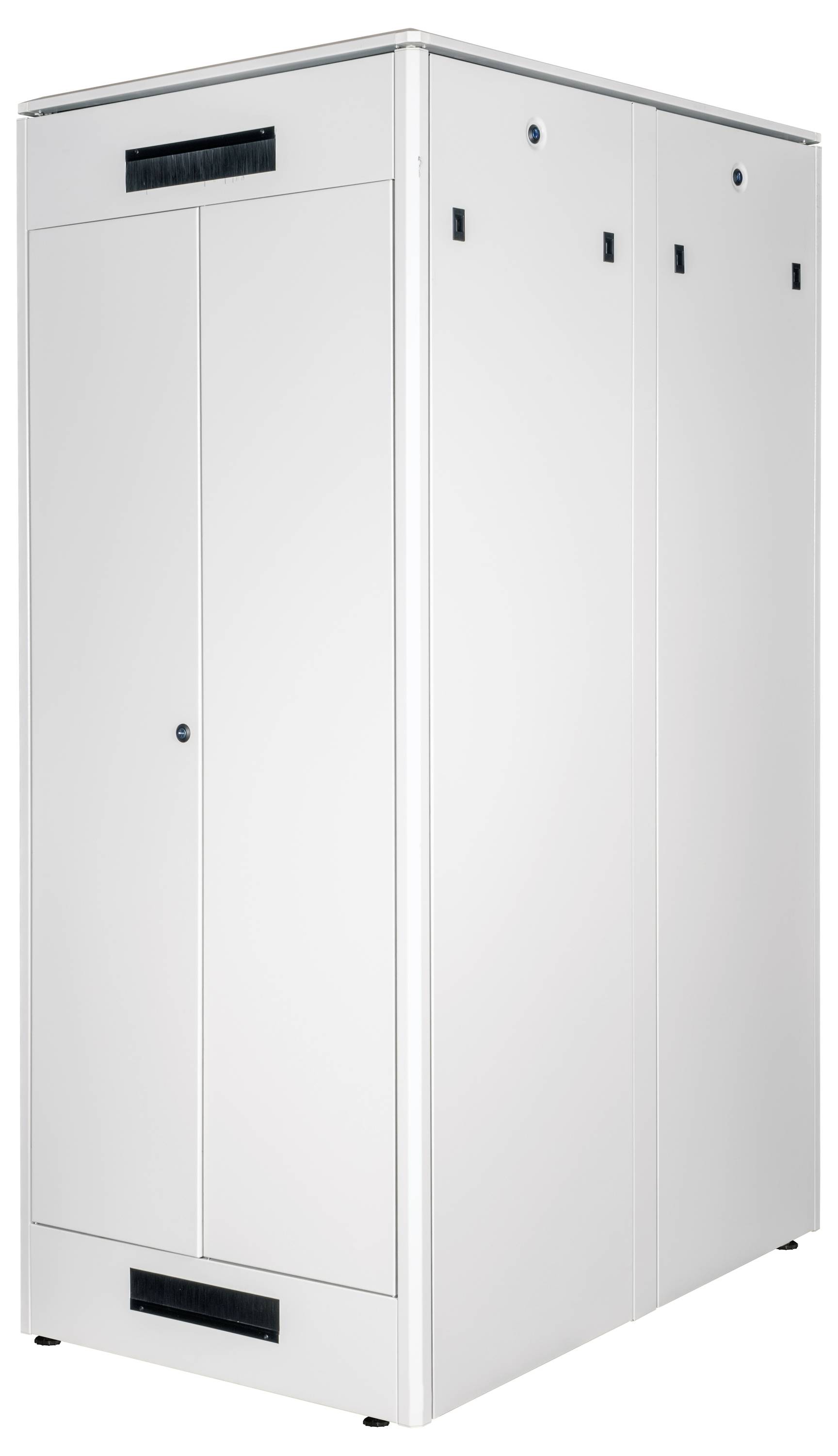 Een witte, rechthoekige serverrack met gesloten deuren en ventilatiesleuven aan de boven- en onderkant.