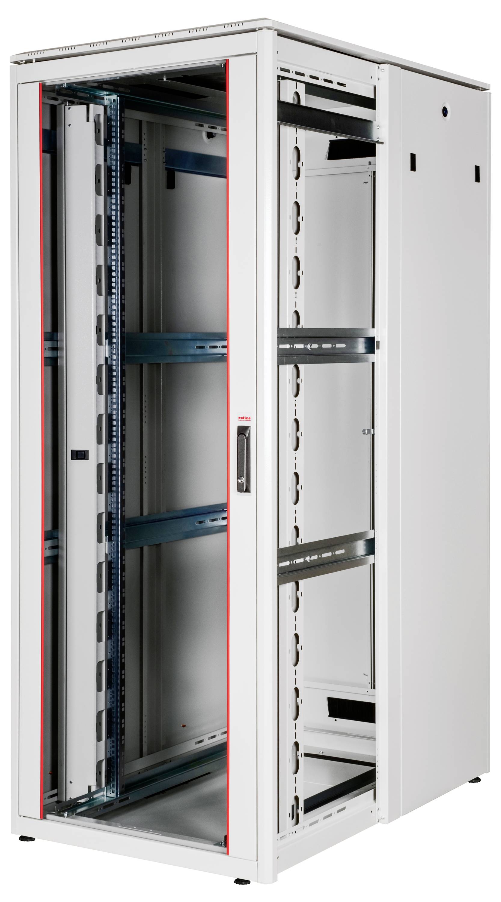 Metalen kast met open voorkant, geschikt voor de montage van netwerkapparatuur of servers. Voorzien van montagegeleiders.