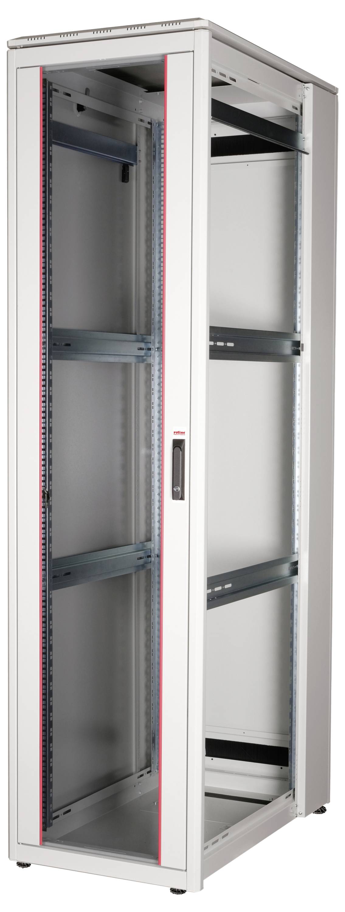 Grijs serverrek met glazen deur, geschikt voor het plaatsen van IT-apparatuur in een datacenter of kantoor.