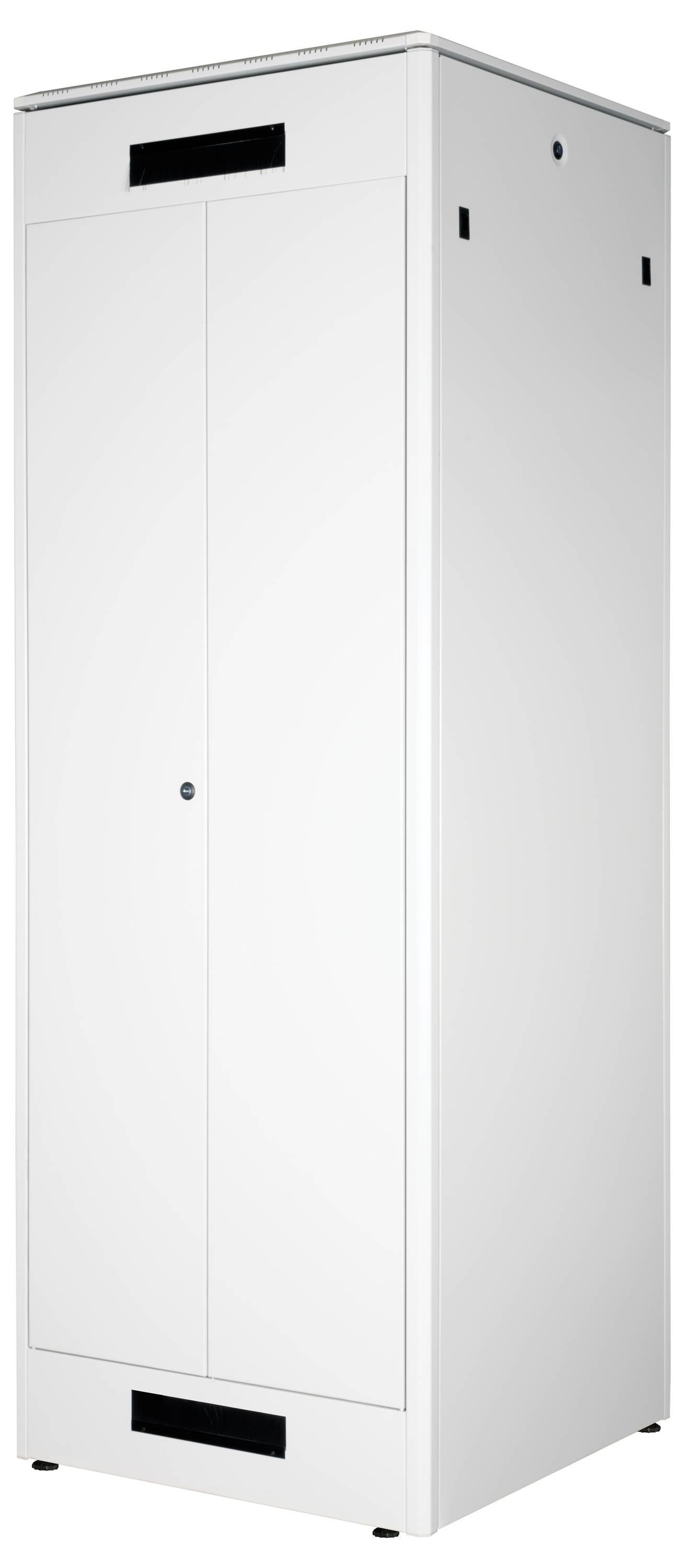 Witte, rechthoekige metalen kast met twee deuren en ventilatiesleuven aan de boven- en onderkant. Geschikt voor opslag.