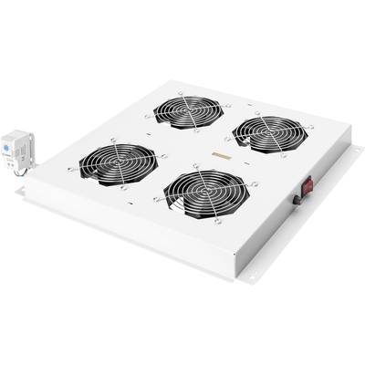 Een vierkante ventilatie-eenheid met vier ventilatoren op een witte achtergrond. De ventilatoren zijn afgedekt met beschermende roosters.