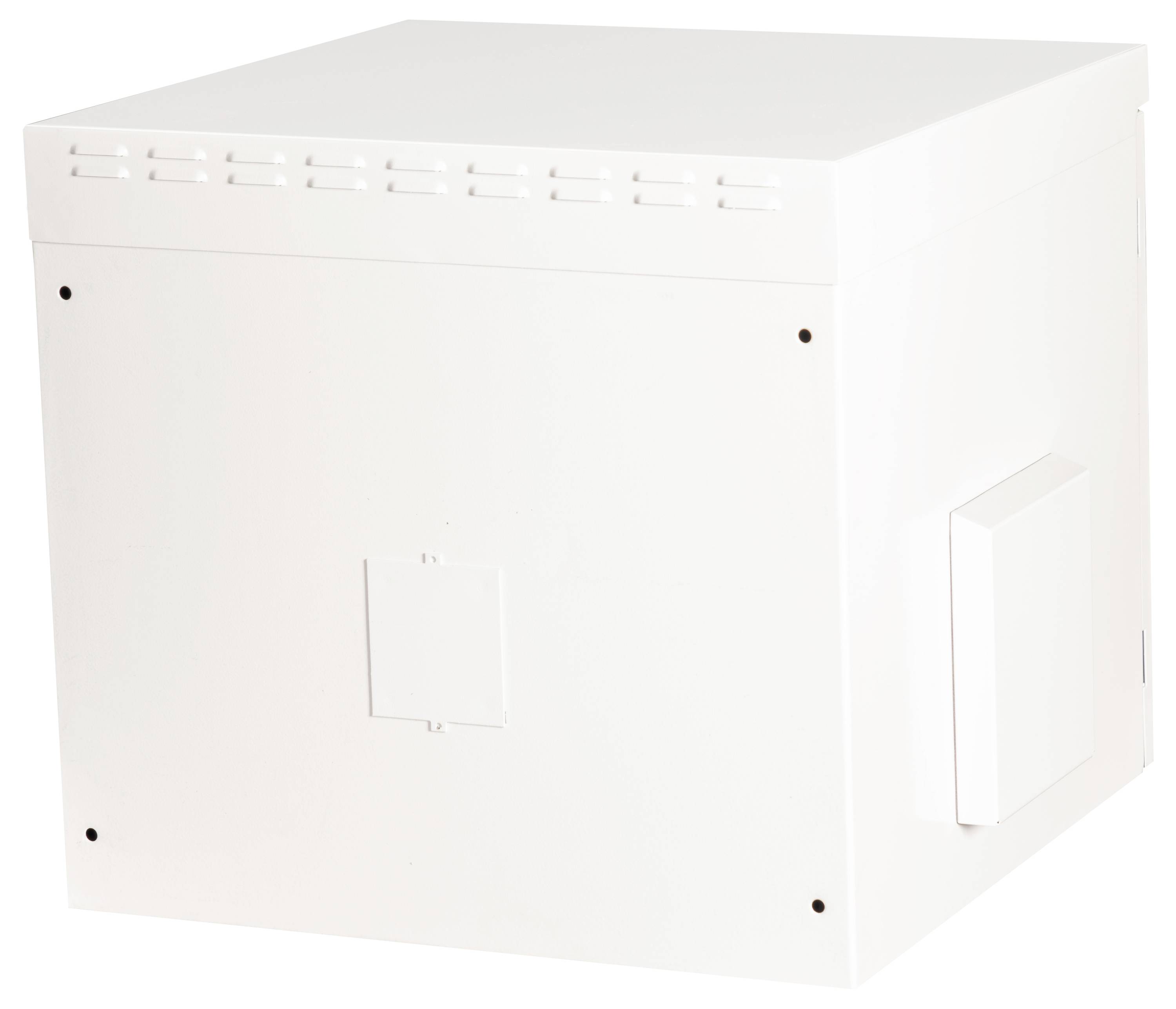 Een rechthoekige witte metalen doos met een gladde oppervlakte en enkele ventilatiesleuven aan de bovenkant.