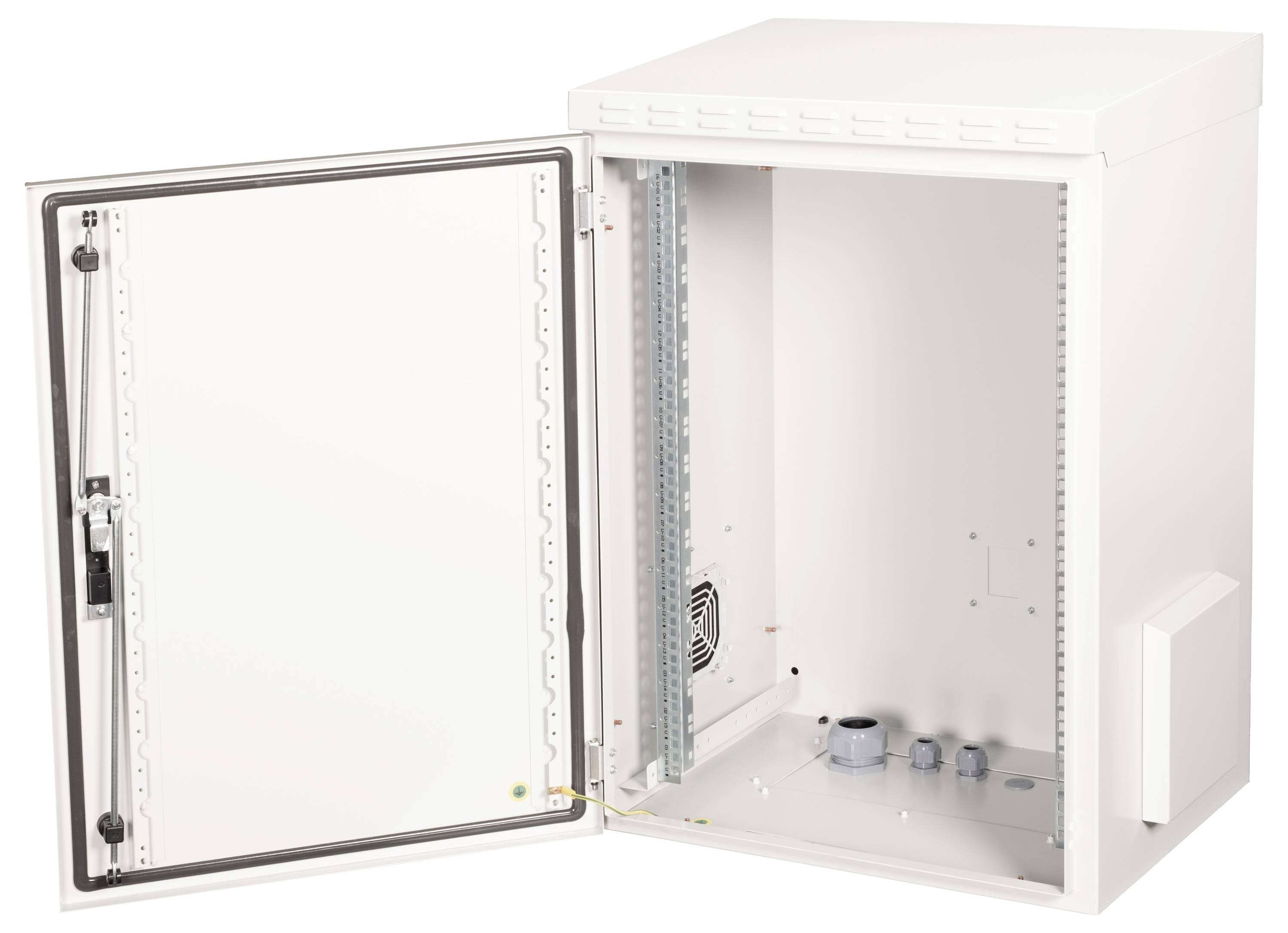 Witte wandkast met open deur, toont meerdere binnensleuven en een gestanst gat, geschikt voor elektronica.