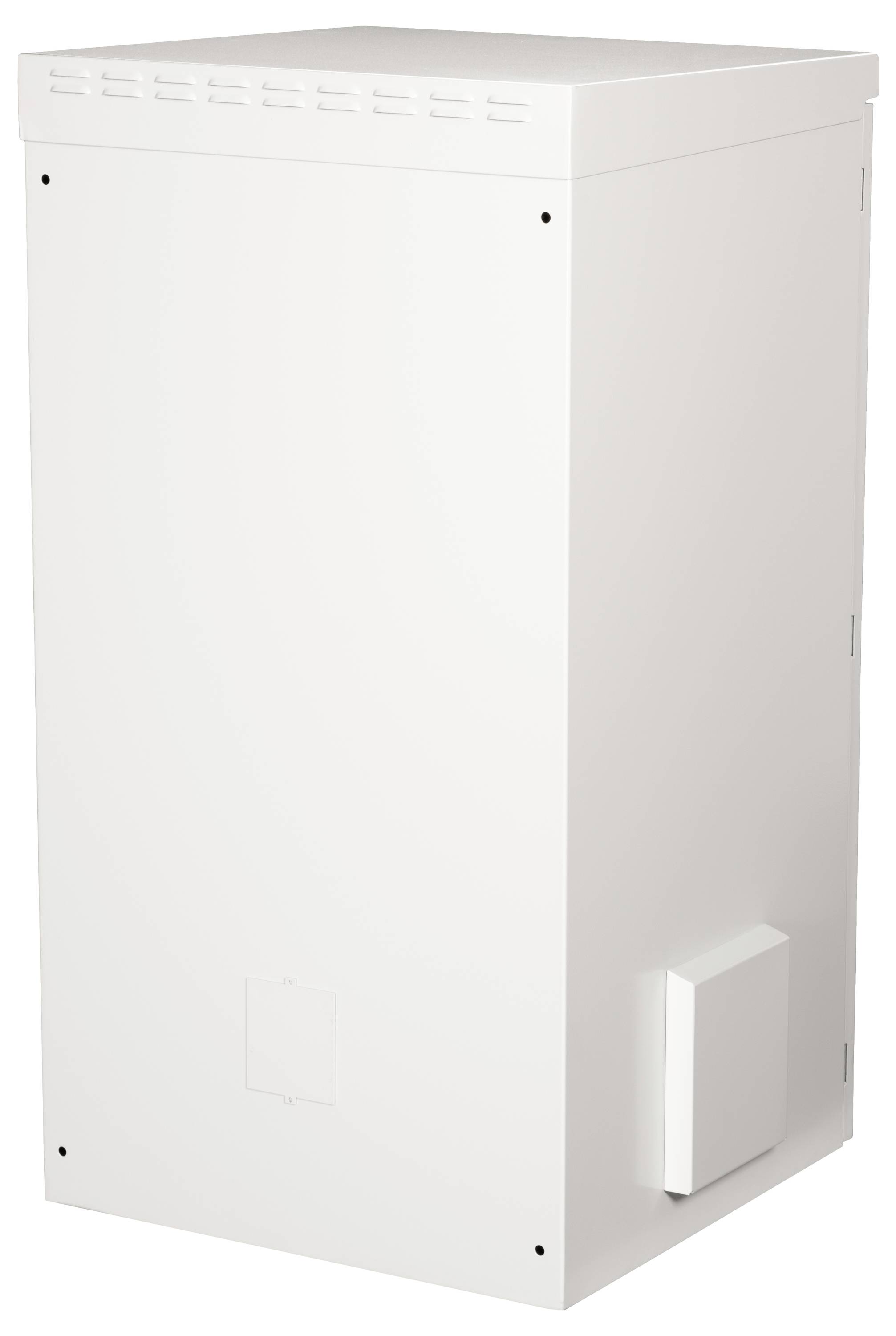 Een witte rechthoekige metalen doos met ventilatiesleuven aan de bovenkant en een kleinere uitstekende doos aan de zijkant.