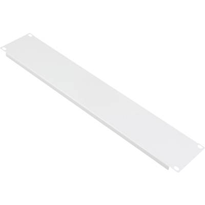 Een witte, rechthoekige metalen afdekking met vier gaten in de hoeken, waarschijnlijk bedoeld voor bevestiging in een rek-systeem.