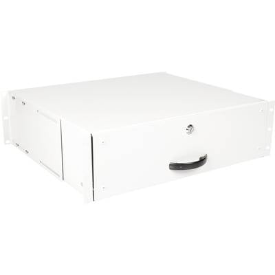 Een wit, afsluitbaar rackmount-behuizing met zwarte handgreep, geschikt voor veilige opslag van IT-apparatuur in een serverrek.