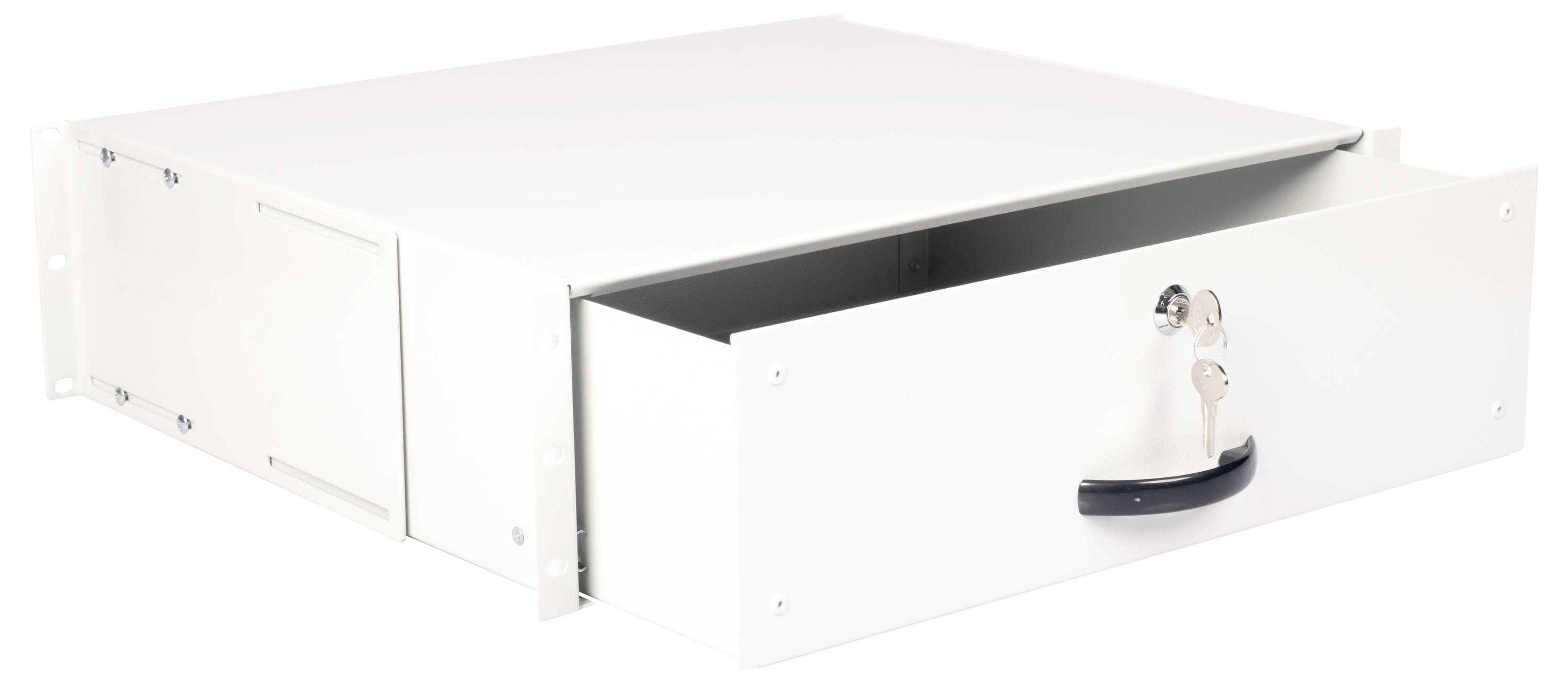 Een witte metalen kast met een open lade en een slot aan de voorkant. De kast heeft een zwarte handgreep en twee sleutels steken erin.