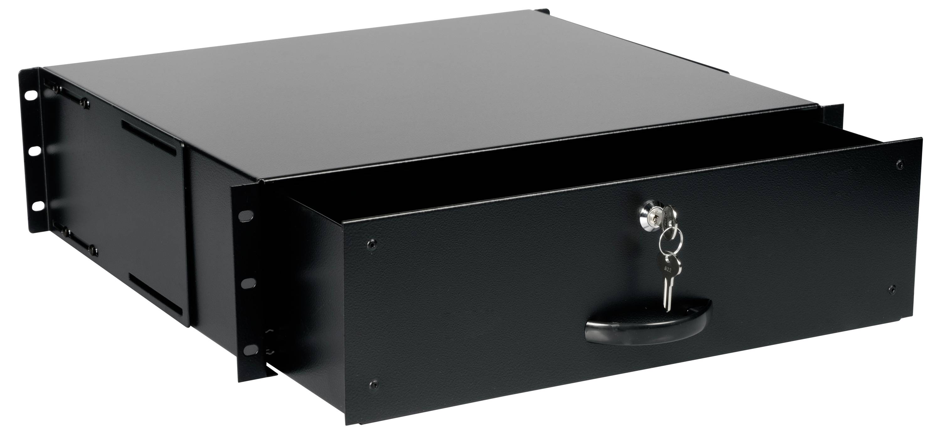 Zwarte metalen ladenkasten met een open lade, zichtbaar met een sleutel in het slot en een handgreep aan de voorkant.