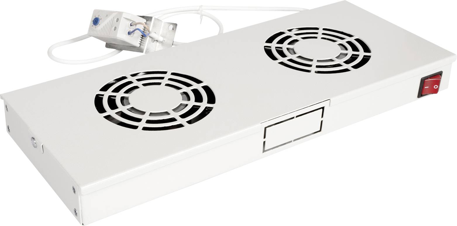 Een platte, rechthoekige ventilator met twee ronde ventilatoren en een rode schakelaar, verbonden met een elektrische module.