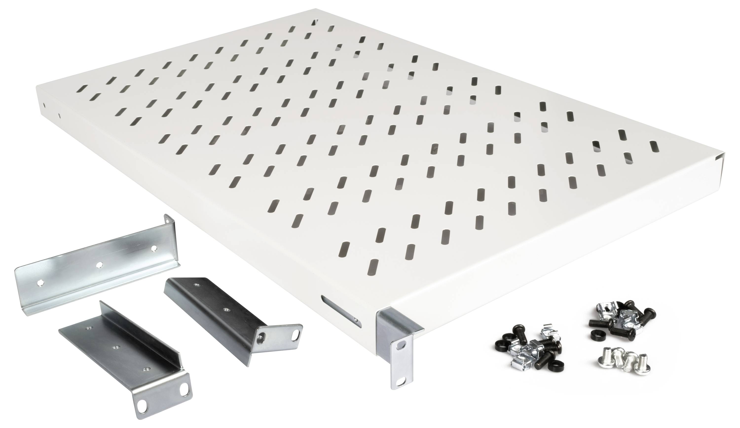 Metalen geperforeerde plank met drie bevestigingsbeugels en schroeven voor montage. Ideaal voor ventilatie in opslagsystemen.