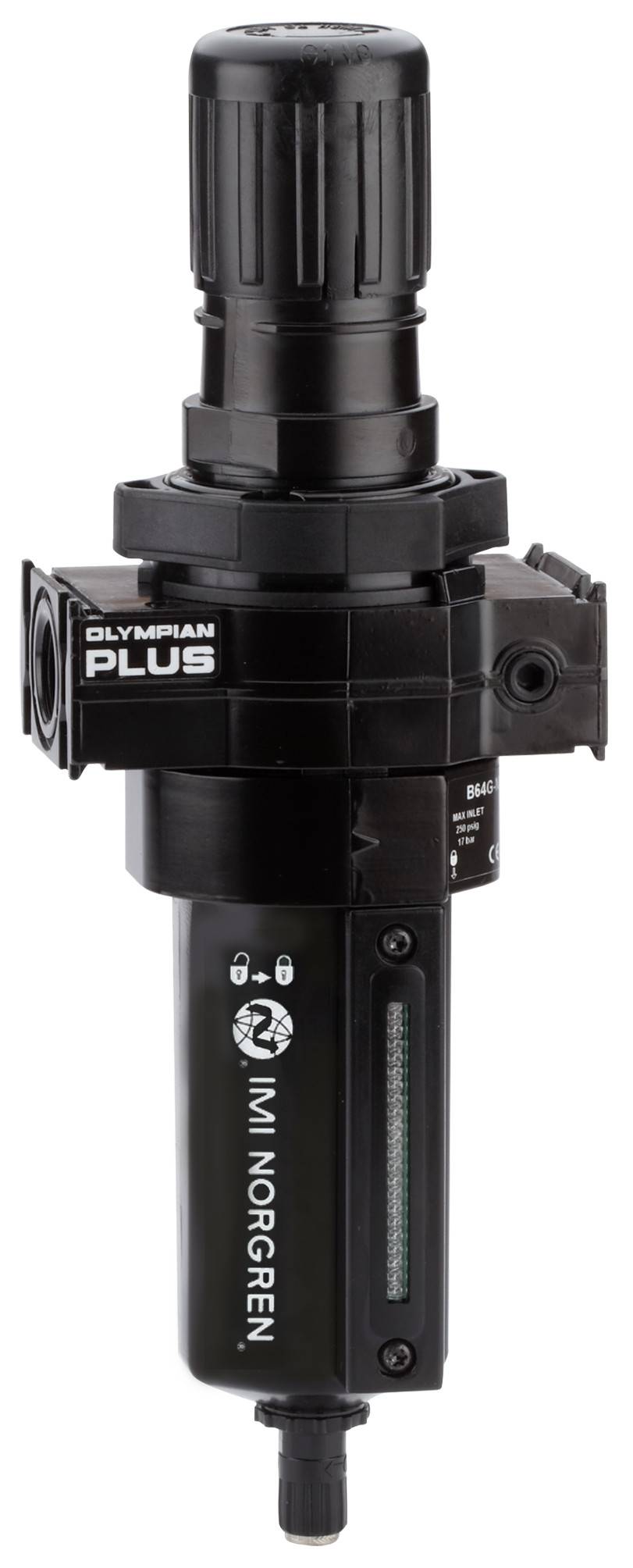 Een zwarte drukregelaar met de opschrift 'Olympian Plus' en 'IMI Norgren'. Mogelijk onderdeel van een industrieel systeem.