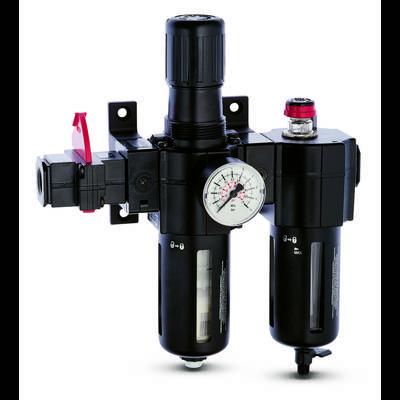 Luchtdrukregelaar met manometer en twee filters. Voor de besturing en reiniging van perslucht in industriële toepassingen.
