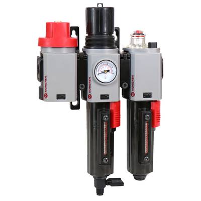 Persluchtfilter met manometer en regelventiel voor drukinstelling. Twee verticale tanks met kijkvensters voor controle van de vloeistofhoeveelheid.