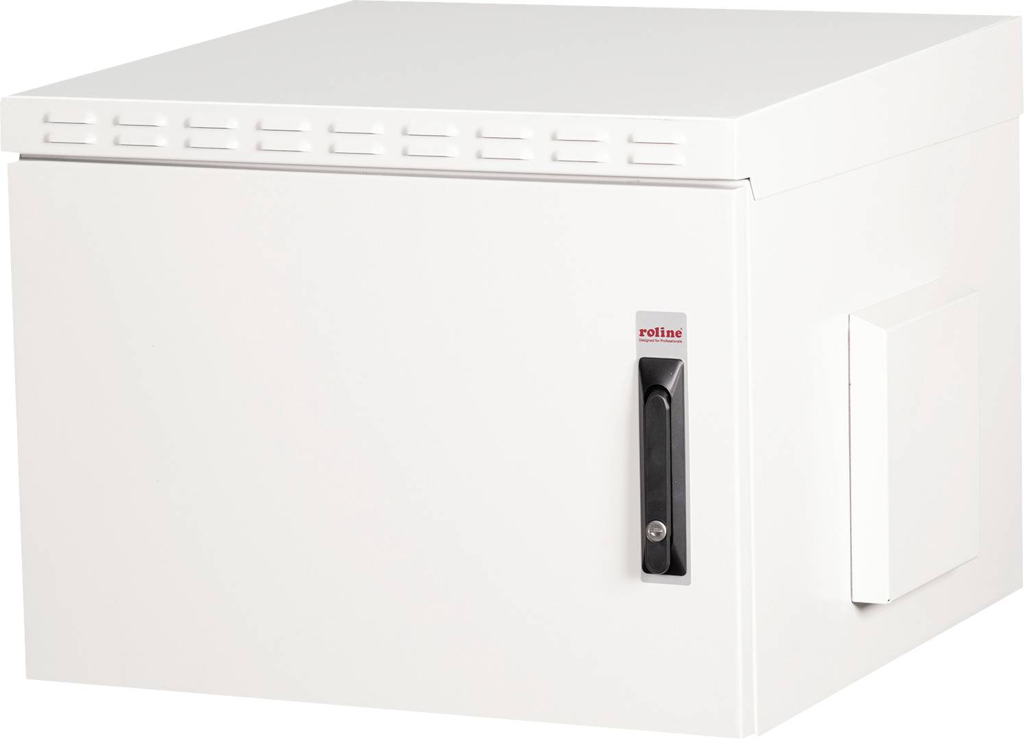 Een witte, wandmonteerbare netwerkbehuizing met ventilatiesleuven en een afsluitbare zwarte deur. Geschikt voor IT-apparatuur.