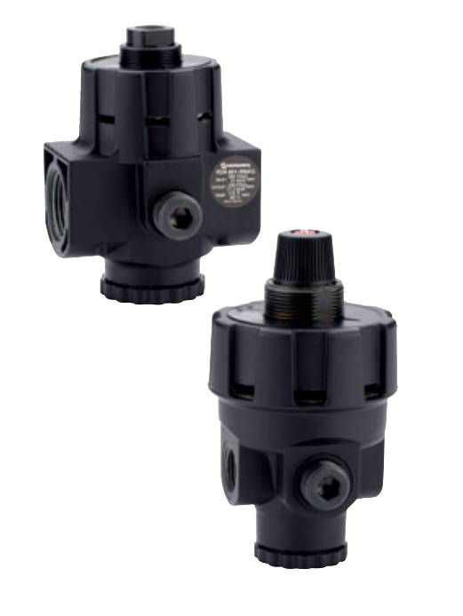 Twee zwarte kunststof drukknoppen met bovenaan een draaibare knop voor het instellen van de druk. Vooraanzicht en zijaanzicht.