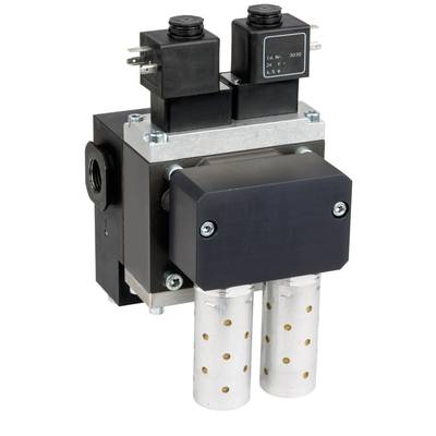 Een elektrisch ventiel met twee spoelen, gemonteerd op een rechthoekige behuizing met twee metalen cilinders onderaan, gebruikt voor vloeistofregeling.