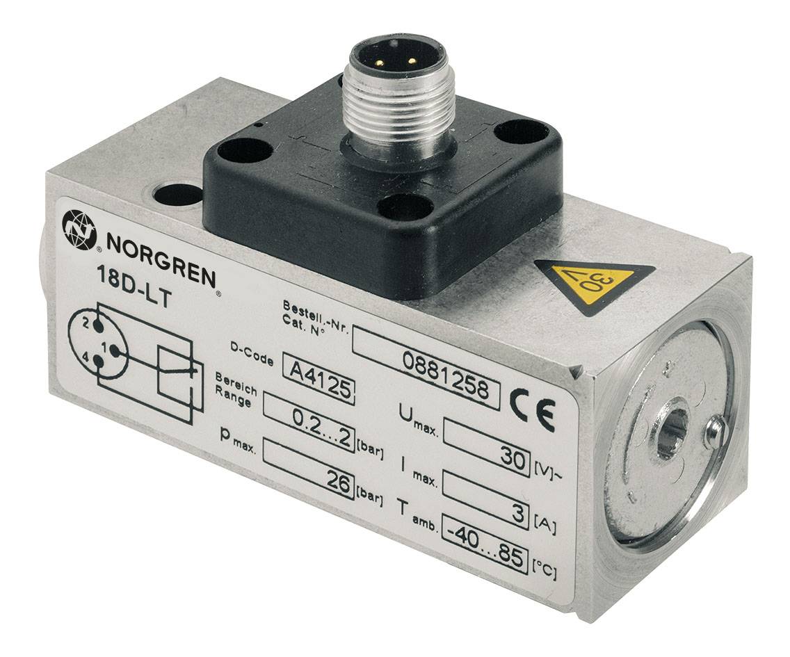 Een pneumatisch ventiel van Norgren, model 18D-LT, met een technisch etiket dat drukbereik, temperatuur en aansluitingsinformatie weergeeft.