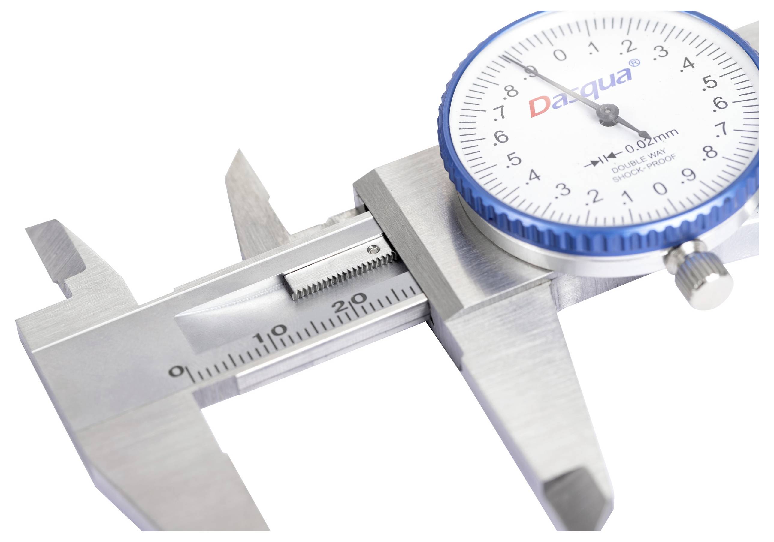 Schuifmaat met wijzerplaat, blauwtinten, toont 42,5 mm. Hoofdgereedschap voor nauwkeurige lengtemetingen in technische toepassingen.