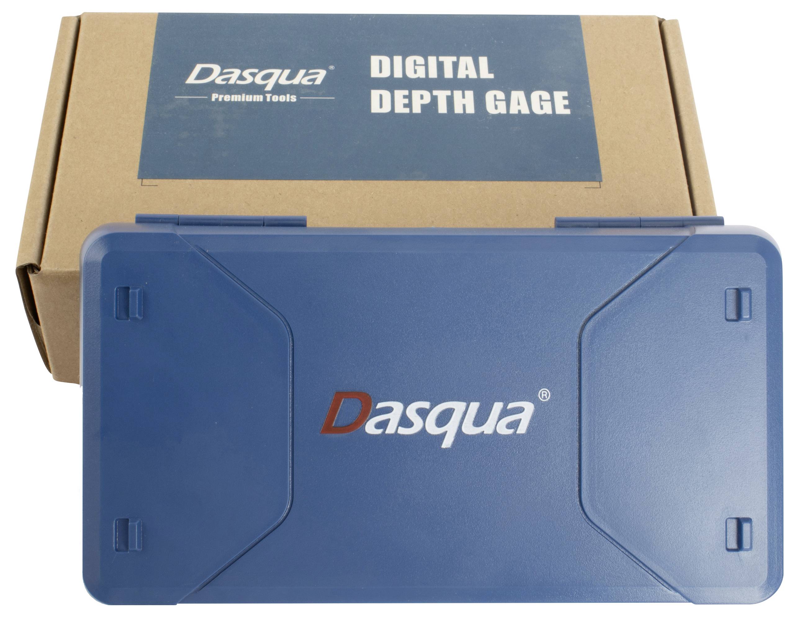 Blauwe kunststof koffer met 'Dasqua'-logo, geplaatst voor een kartonnen doos met de opdruk 'Digital Depth Gage Premium Tools'.